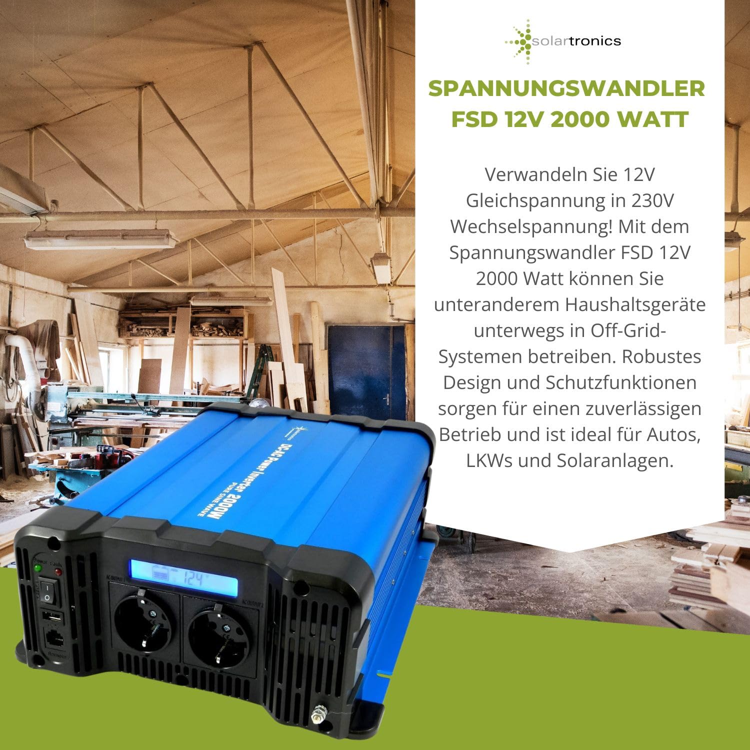 SOLARTRONICS Spannungswandler FS2000D 12V 2000 Watt mit Display - Wechselrichter 12v auf 230v - Reiner Sinus - LiFePO4/Lithium, Blei-, Gel oder AGM-Batterie kompatibel - USB - Fernbedienung optional