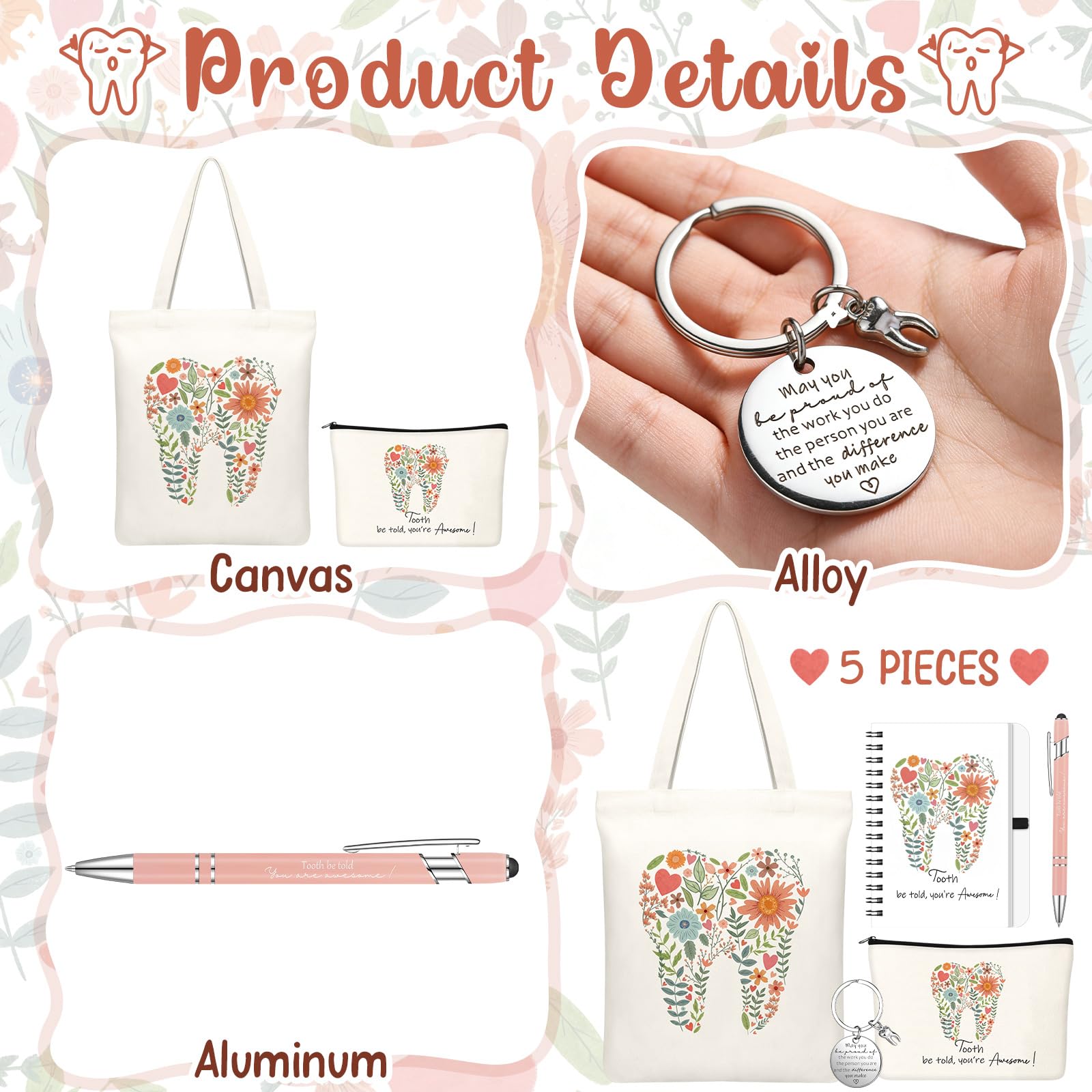 Kinlop 5 Pcs Floral Tooth Dental Gift Set for Women Include Tote Bag Canvas Cosmetic Bag Coil Notebook Keychain and Ballpoint Pen for Women Girls