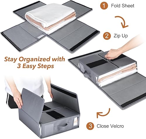 Vista 3 de Organizador de sábanas y almacenamiento de 4 unidades (tamaño Queen o King), organizador de armario de lino, contenedor de ropa de cama plegable