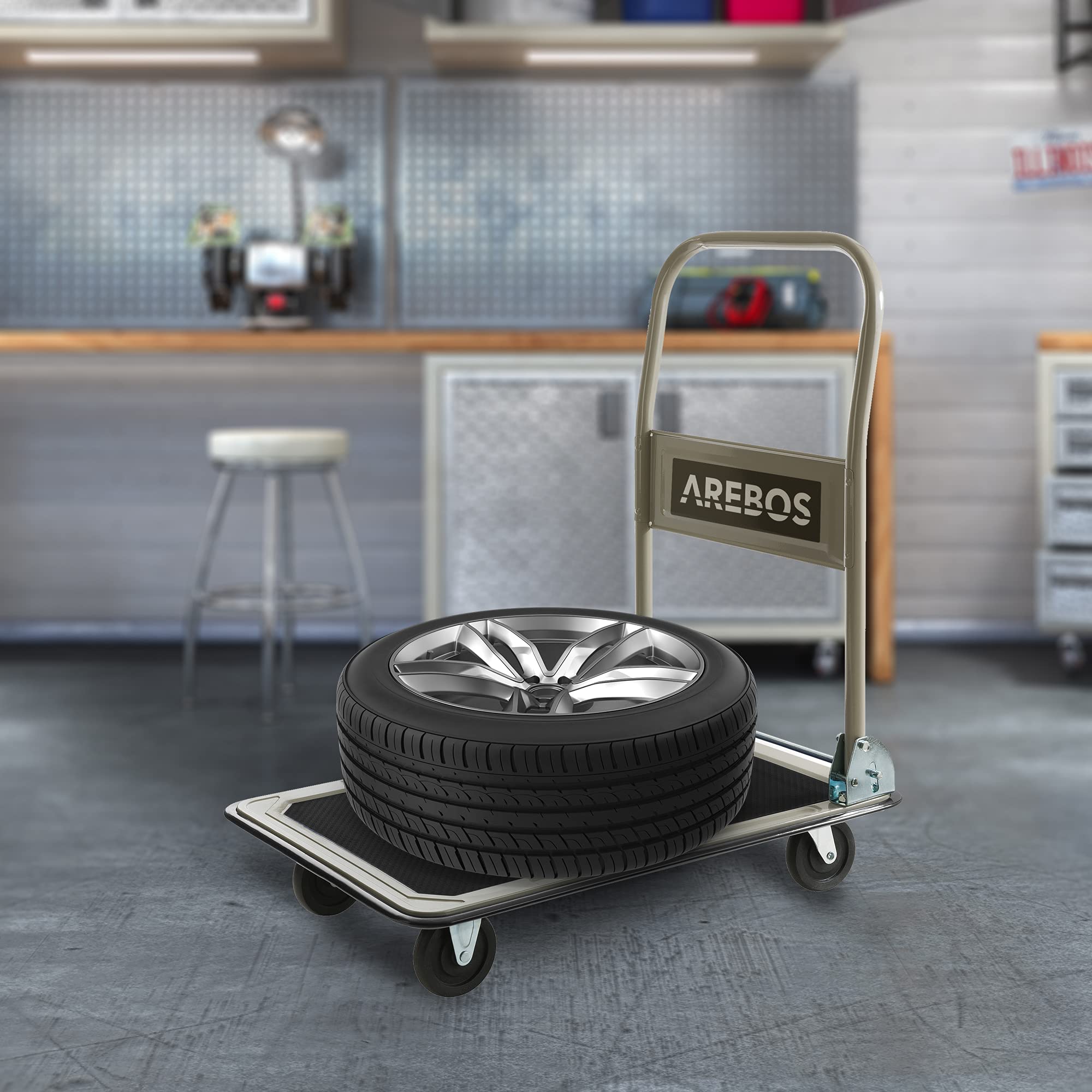 Arebos Plattformwagen Transportwagen Lagerwagen klappbar | 150kg Tragkraft | Lastenwagen | Transporthilfe mit Lenkrollen | Antirutschbeschichtung | Kantenschutz 360° Lenkrollen Paketwagen Klappwagen