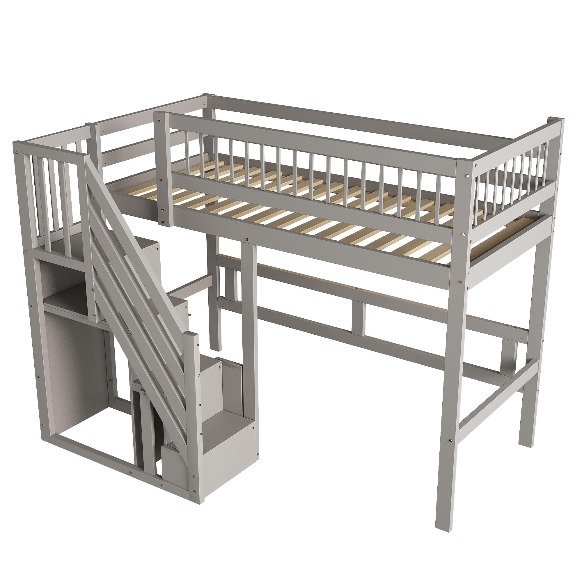 Merax Lit Mezzanine 1 Place 90 x 200 cm, Multifonctionnel Lit Mezzanine Enfant avec Escaliers et Rangement, Cadre en Bois Massif, Gris (sans Matelas)
