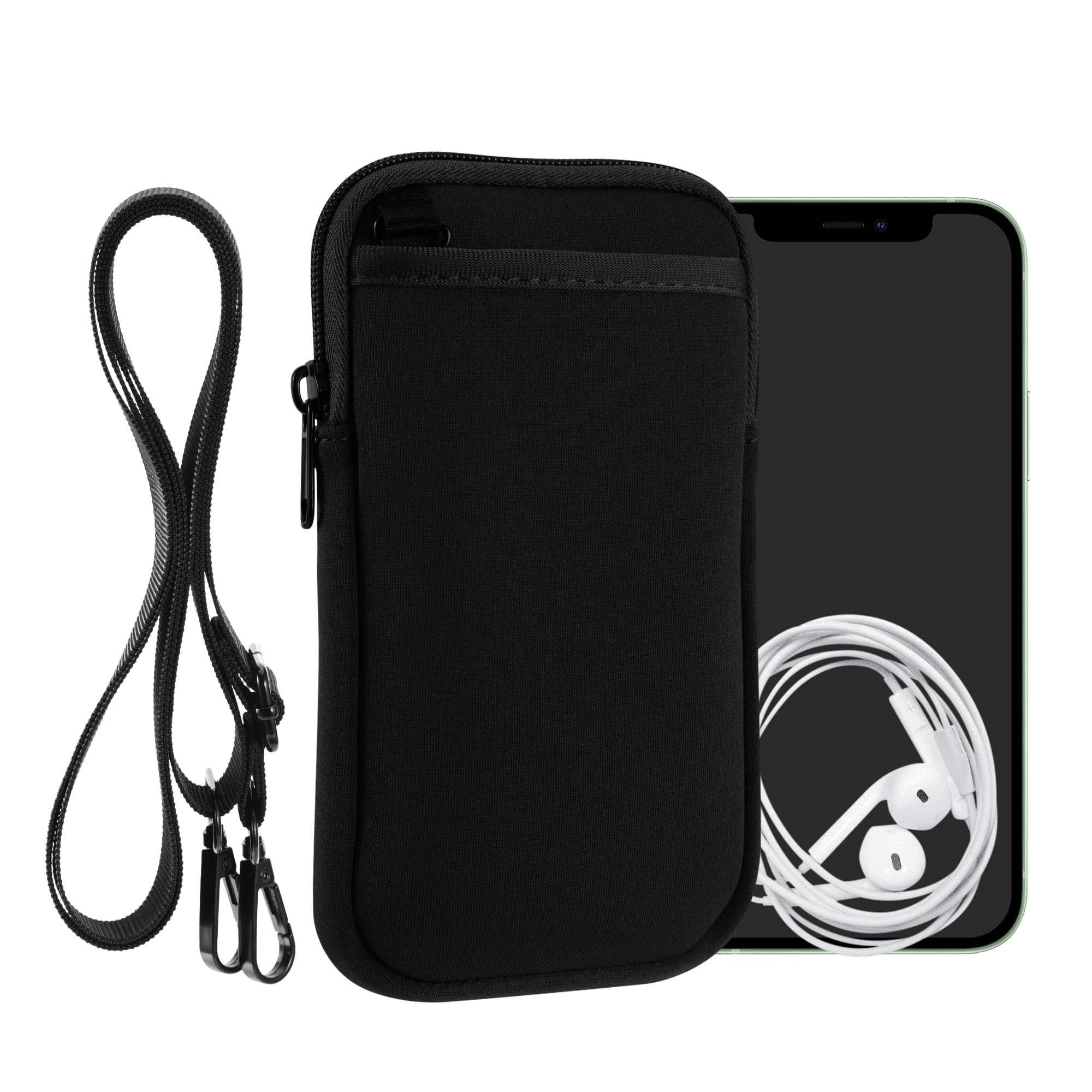 kwmobile Handy Tasche zum Umhängen Neopren Cover mit Reißverschluss – Schwarz, 17,2 x 8,4 cm