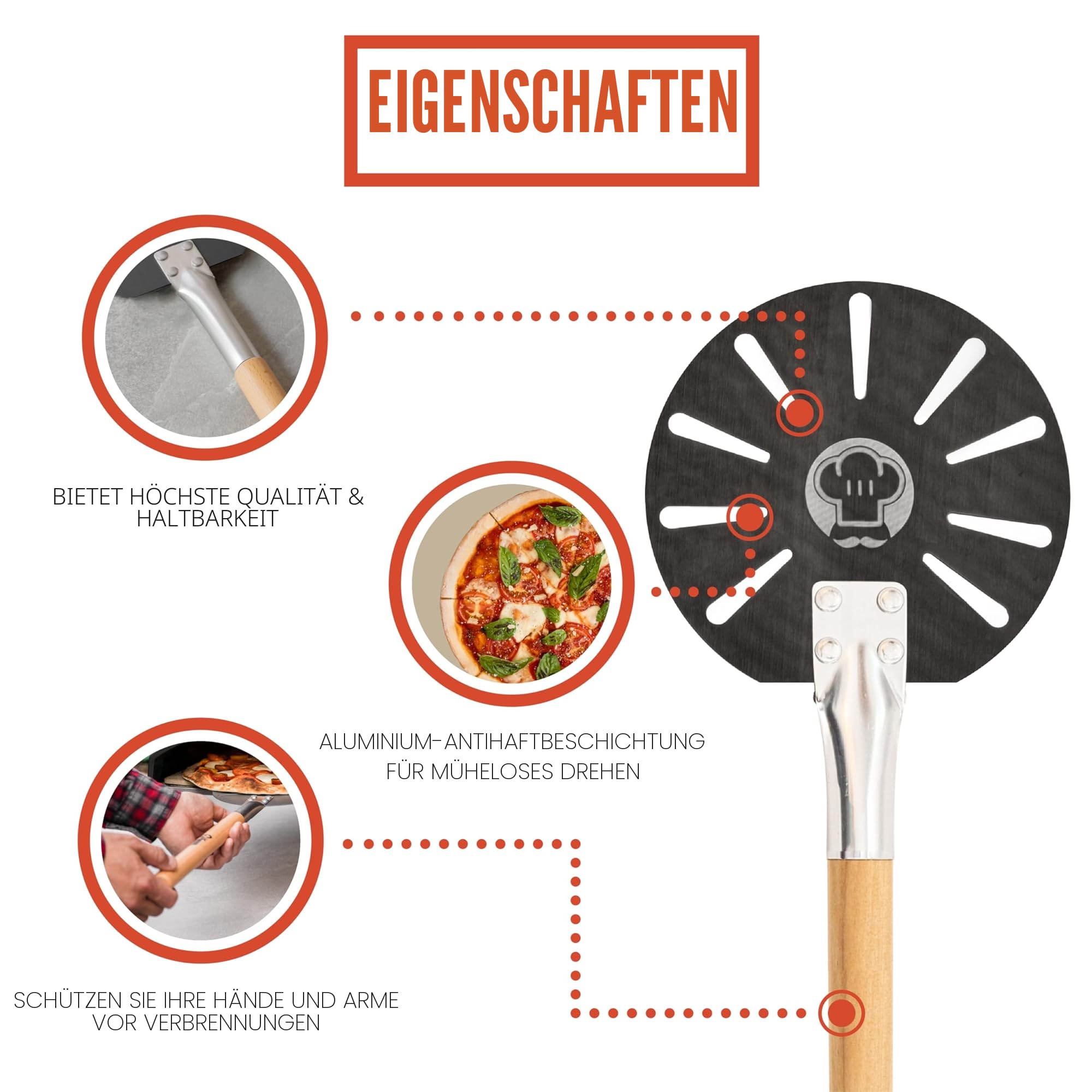 Chef Pomodoro Pizzaschieber – Pizzaschaufel – Pizza Schaufel Metall – Aluminium Pizzaschieber mit Holzgriff – Pizzaschieber für Pizzastein - Pizza Schaufel für den Grill & Backofen (17,8 cm)
