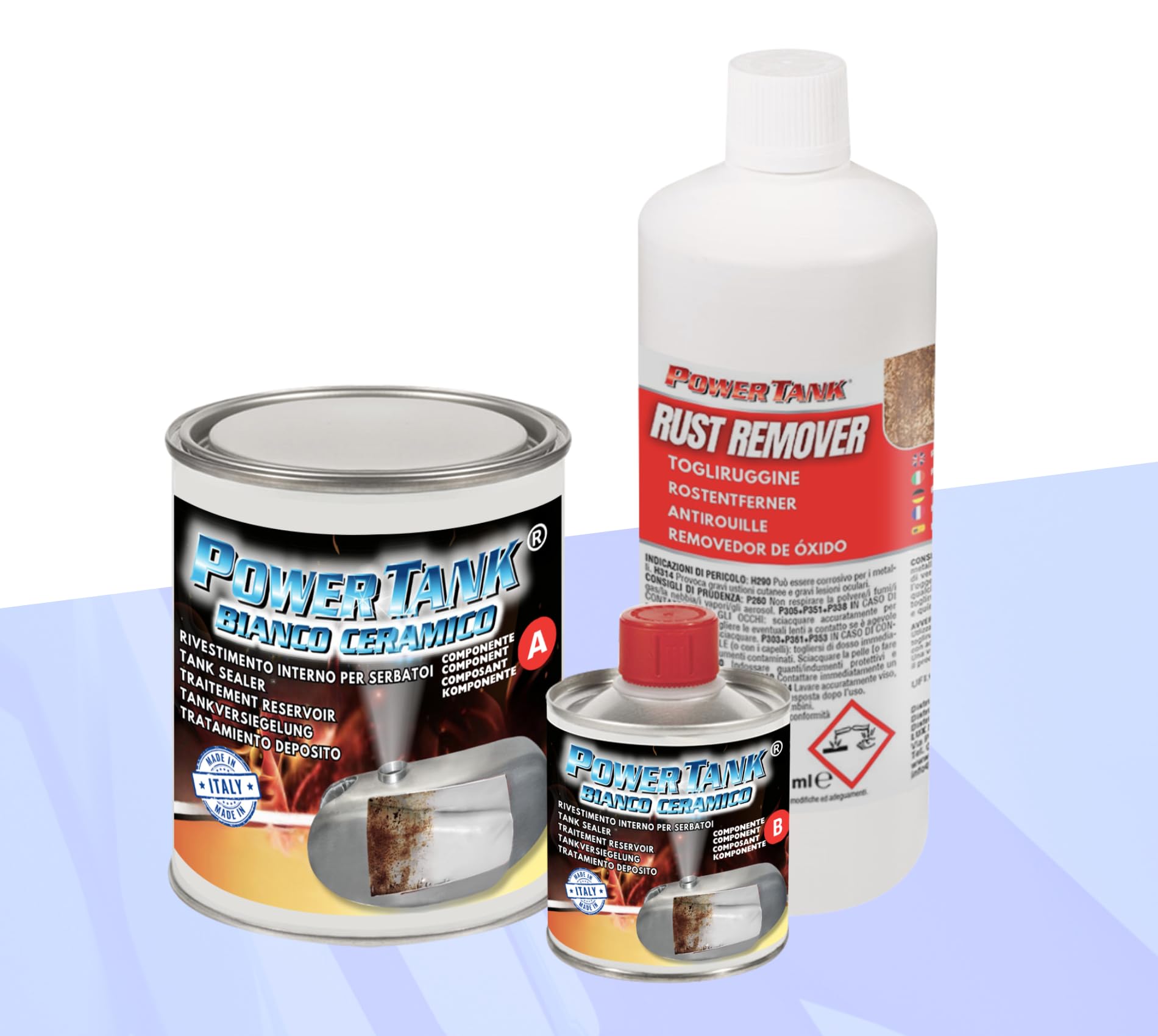 POWER TANK BLANCO CERAMICO - Tratamiento Tanque Deposito Moto (20/25 LT) Kit Mediano 700 g para Interior Tanque Elimina Óxido Repara Protege Tanques Oxidados de Autos Vespa Época con Antioxidante