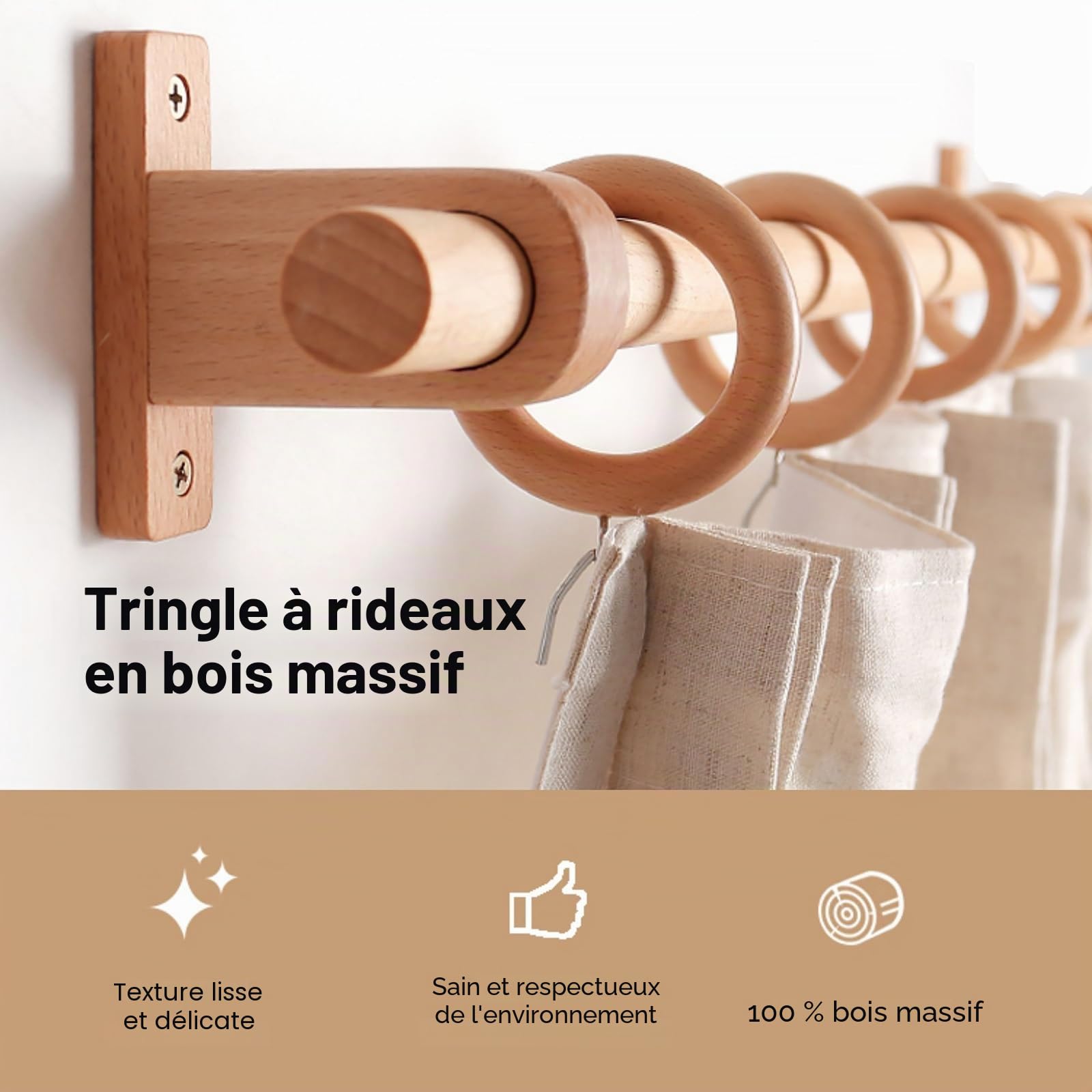 Tringle rideau bois écologique en hêtre durable, Barre silencieuse pour salons et chambres(260 cm (3 Brackets))