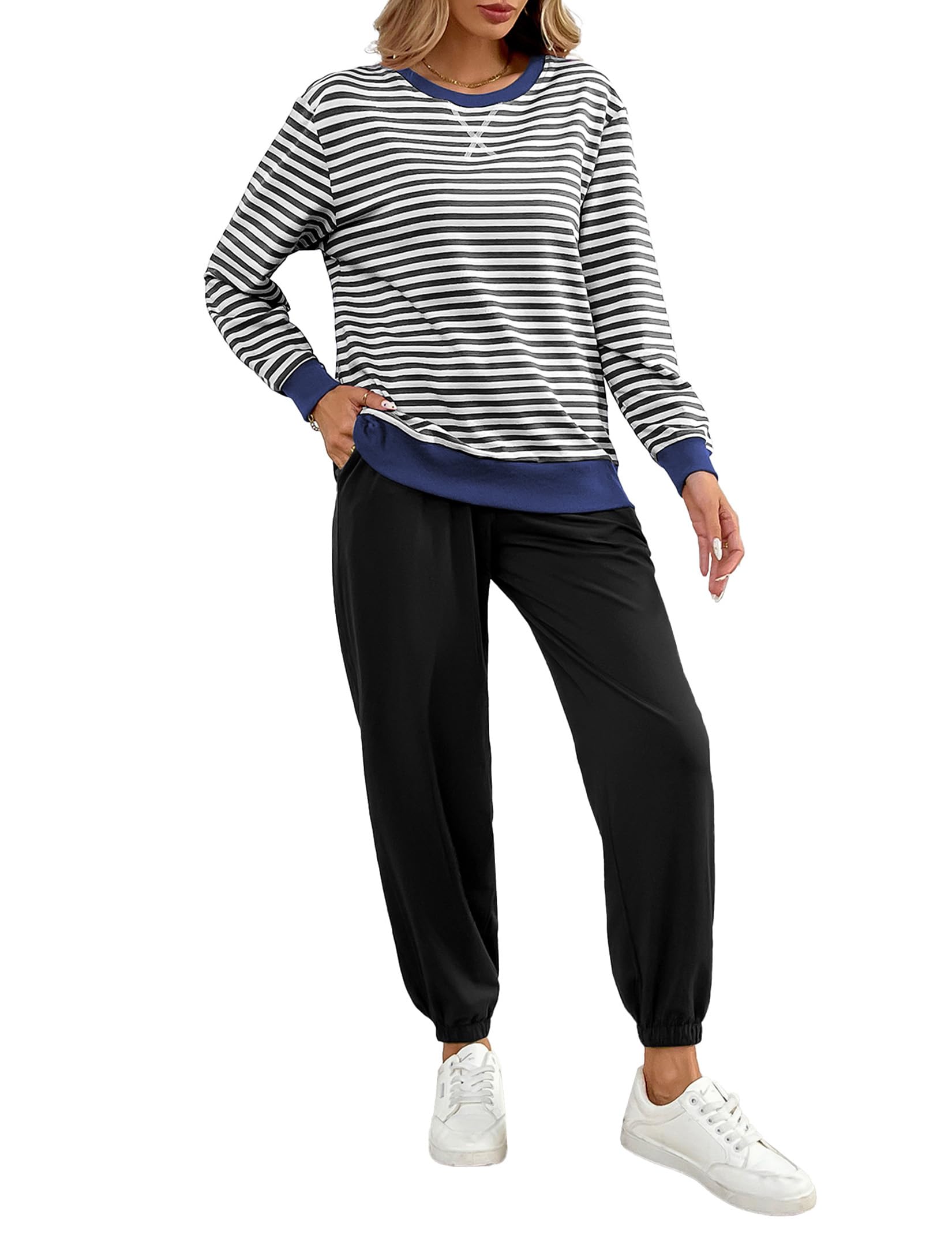 Conjunto acogedor de 2 piezas para mujer, conjunto de ropa de descanso a rayas, bloques de color, manga larga, pantalones deportivos, conjunto de chándal