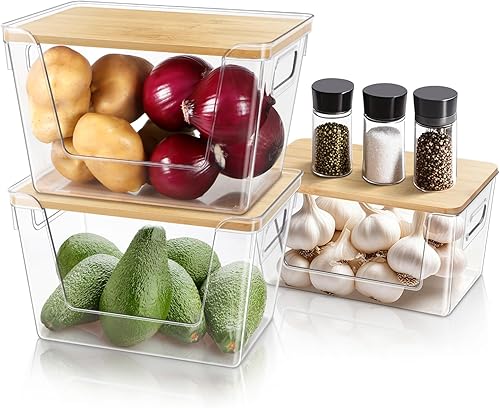 Organizadores y almacenamiento de despensa, organizador de despensa de plástico apilable con tapa y asa para encimera de cocina, refrigerador para