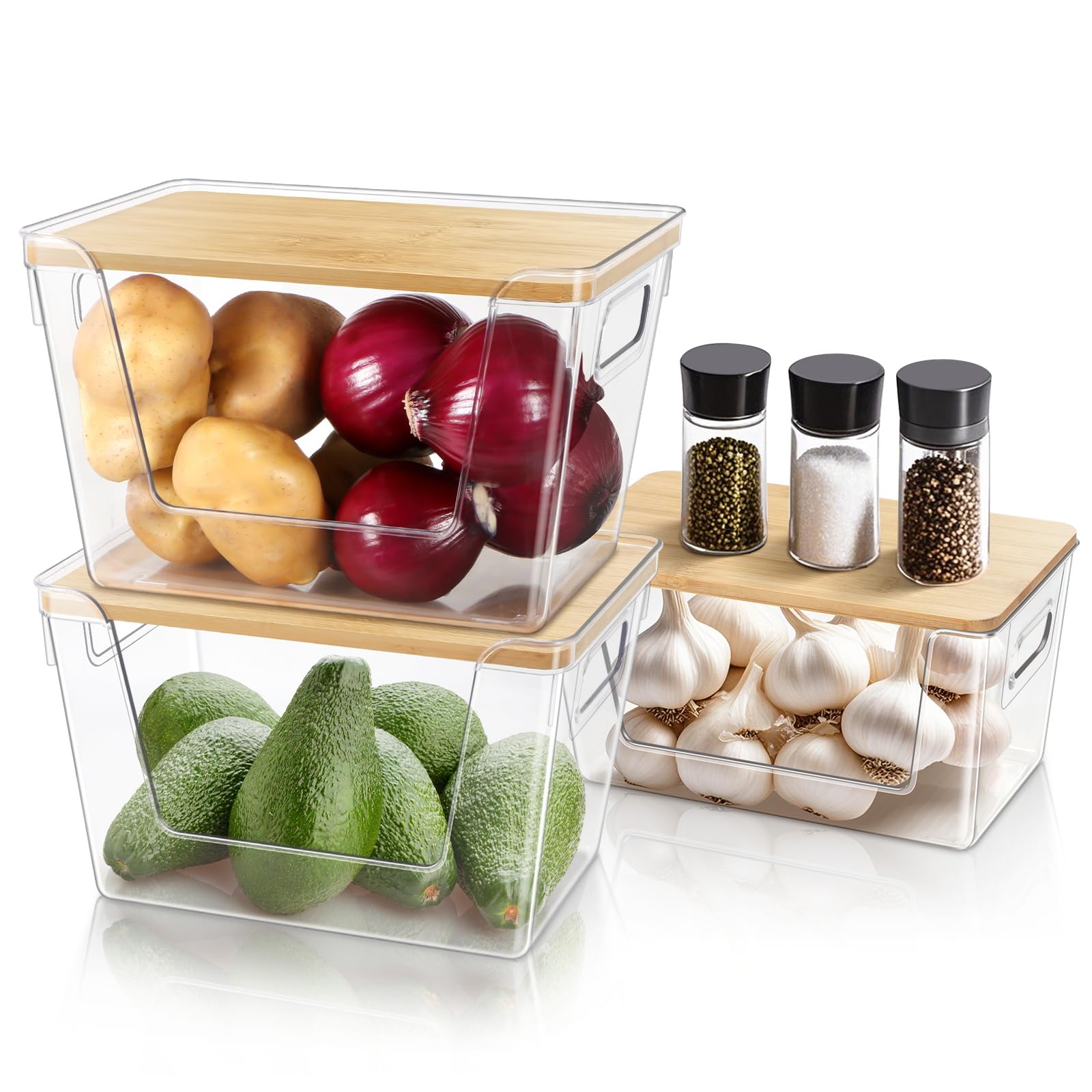 Paquete de 3 cestas de despensa apilables para despensa de cocina, cuerpo transparente con tapa de bambú, apilables, adecuadas para cebollas, patatas, frutas, verduras, productos, accesorios de
