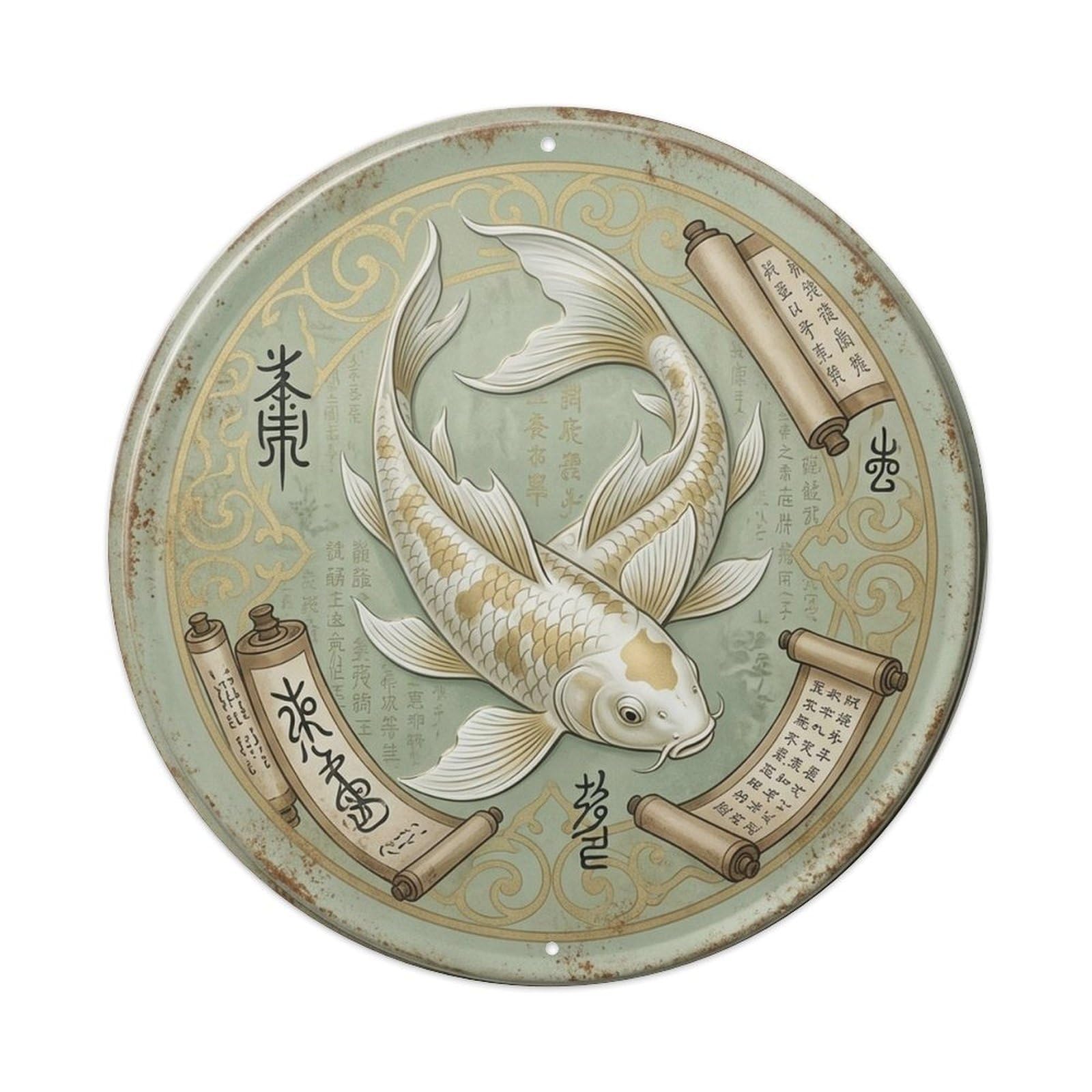 Zen Water Garden Koi Sage Wisdom Oriental Nature Asian Metal Tin Sign Plaque Wall Decor for Cafe, Man Cave, Club Bar, Office, Home Garden Round Metal Poster 8x8Inch