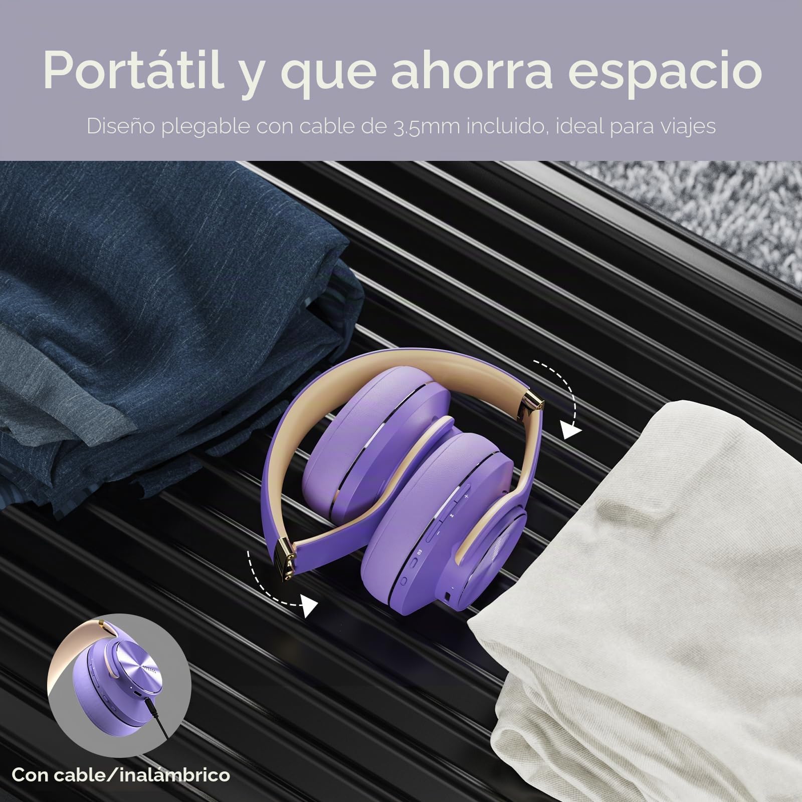 DOQAUS Auriculares Inalámbricos Bluetooth de 90 Horas, Auriculares Bluetooth con Micrófono y 40mm Controlador, con 3 Modos de Música, para Móviles/PC/Hogar - Morado