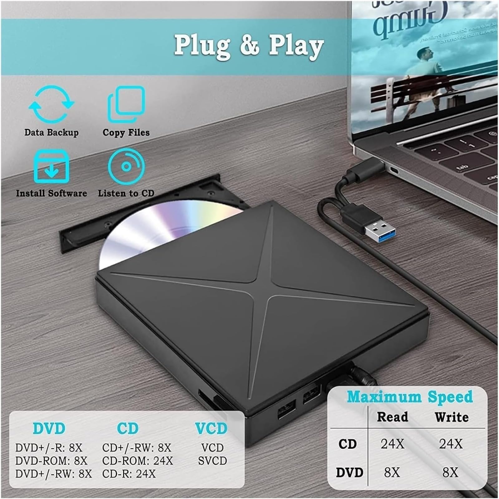 Unidad de DVD USB externa, grabadora de CD y DVD RW, unidad óptica Plug and Play para computadora portátil de escritorio