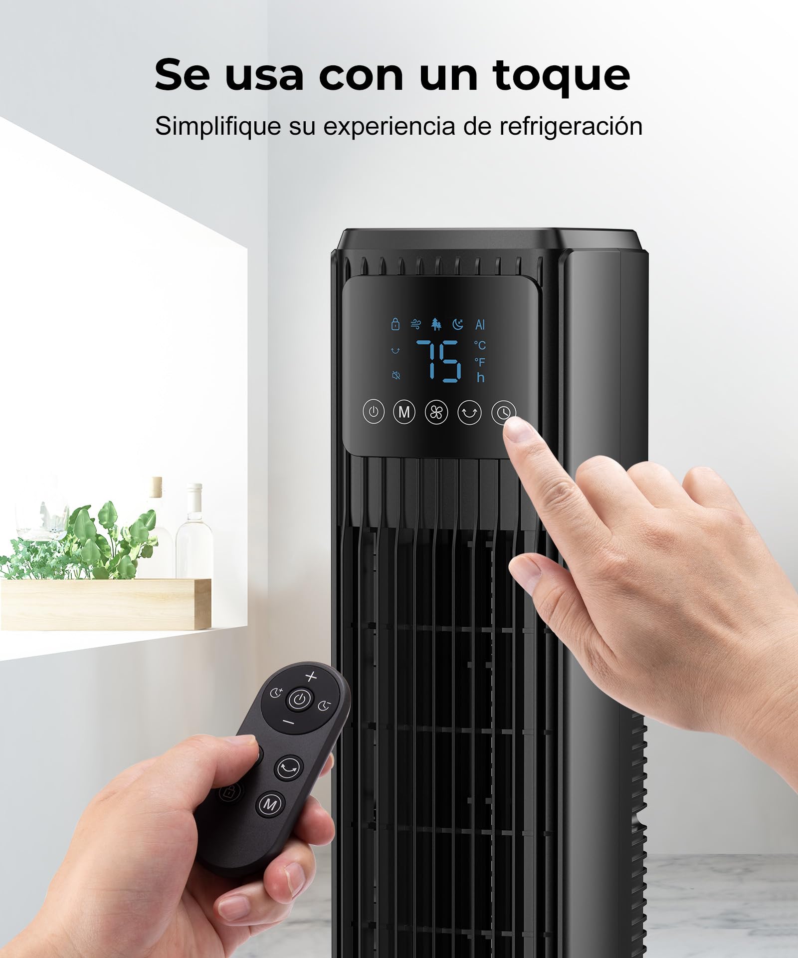 PNTCK Ventilador de columna para el dormitorio, ventilador silencioso con mando a distancia, ventilador oscilante de 90° con 4 velocidades, 4 modos, temporizador de 12 horas
