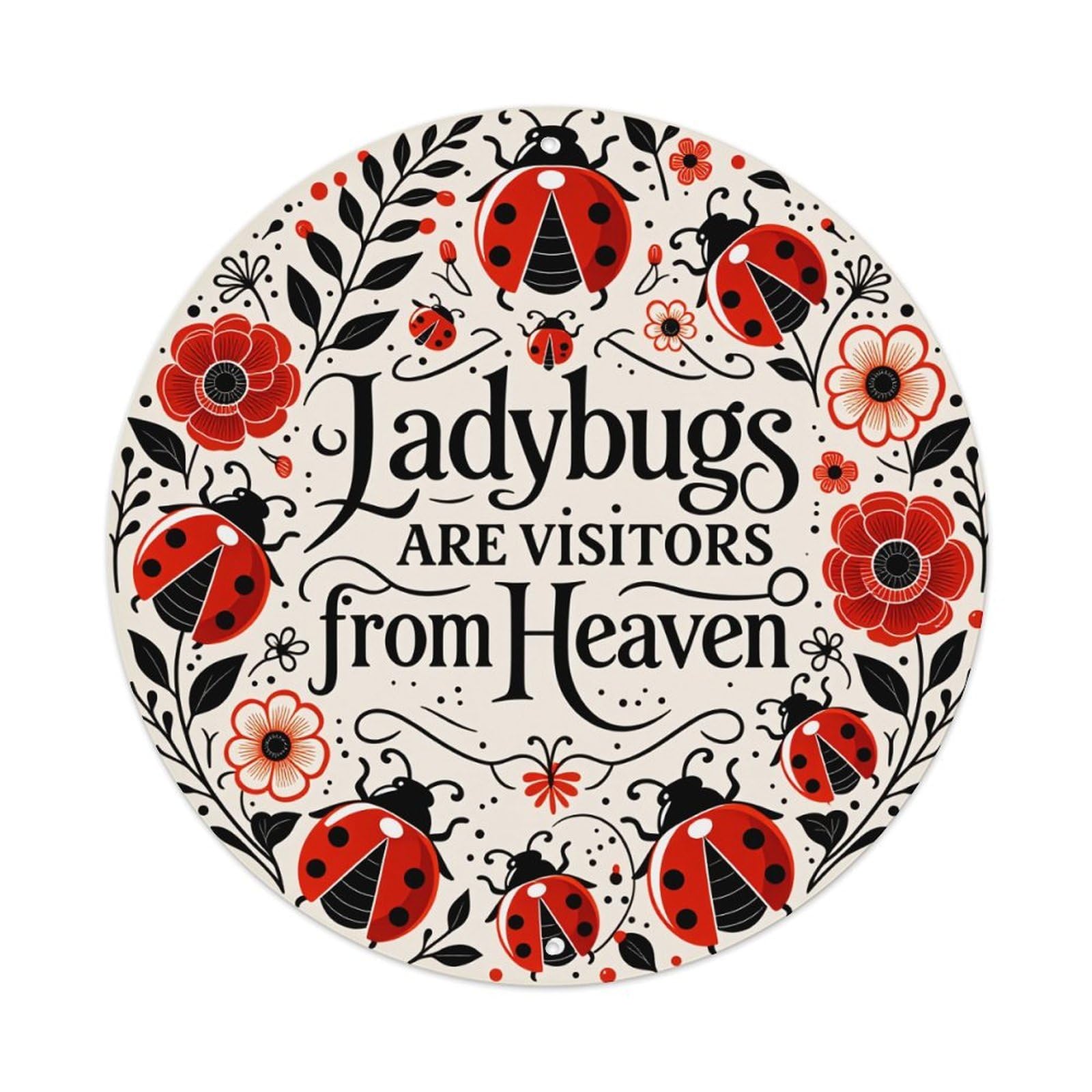 Ladybugs Flowers Leaves Circle Pattern Red Black White Round Vintage Tin Sign,Retro Wall Art,Metal Poster for Home, Bar, Garage, Cafe, Rustic Indoor & Outdoor Decor, 8x8 Inches