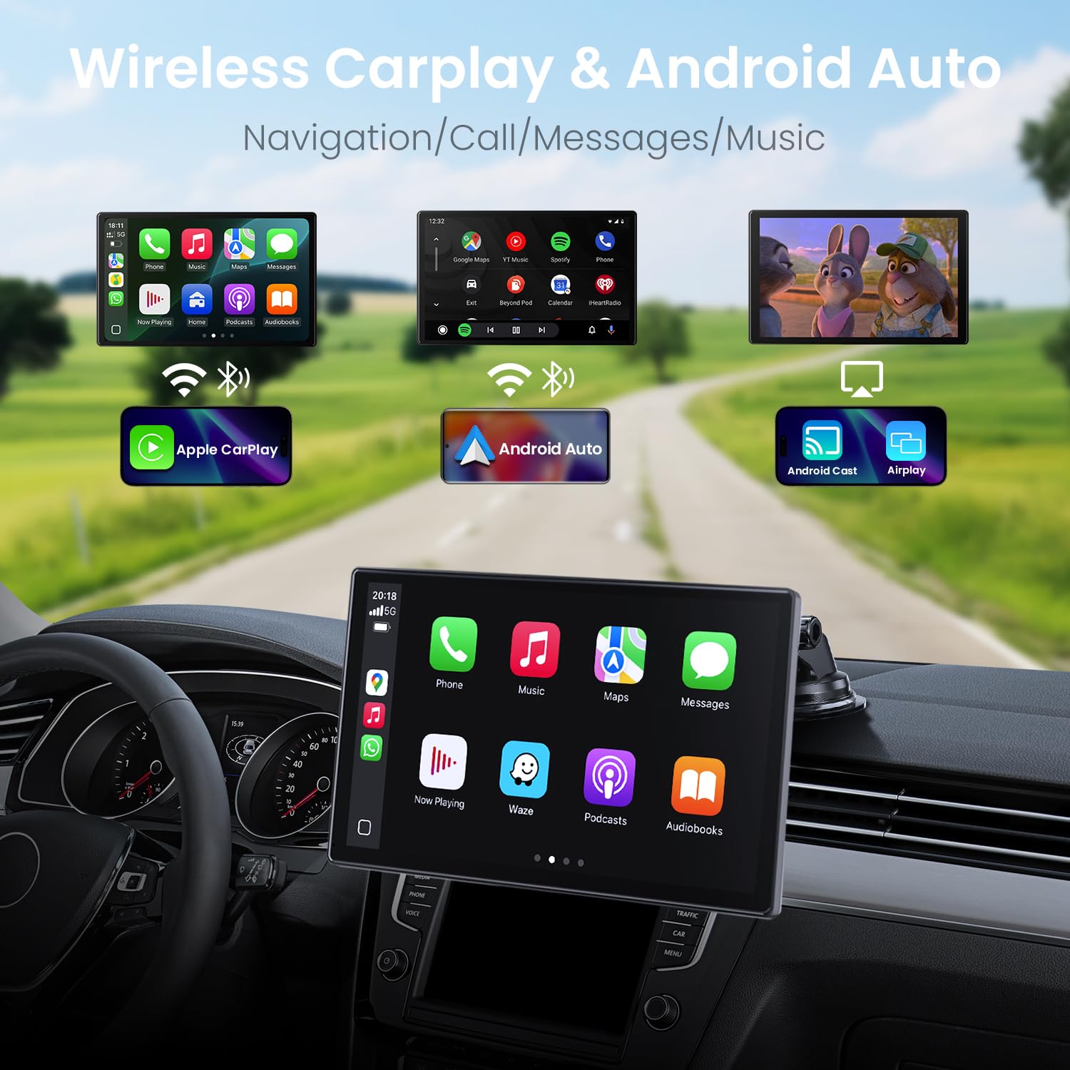 Wireless Carplay Screen for Car: CarPlay & Android Auto Portable Car Play Screen with 4K Dash Cam, 1080P Backup Camera, GPS Navigation/Mirror Link/AirPlay/Voice Control/Bluetooth - 9 Inch
