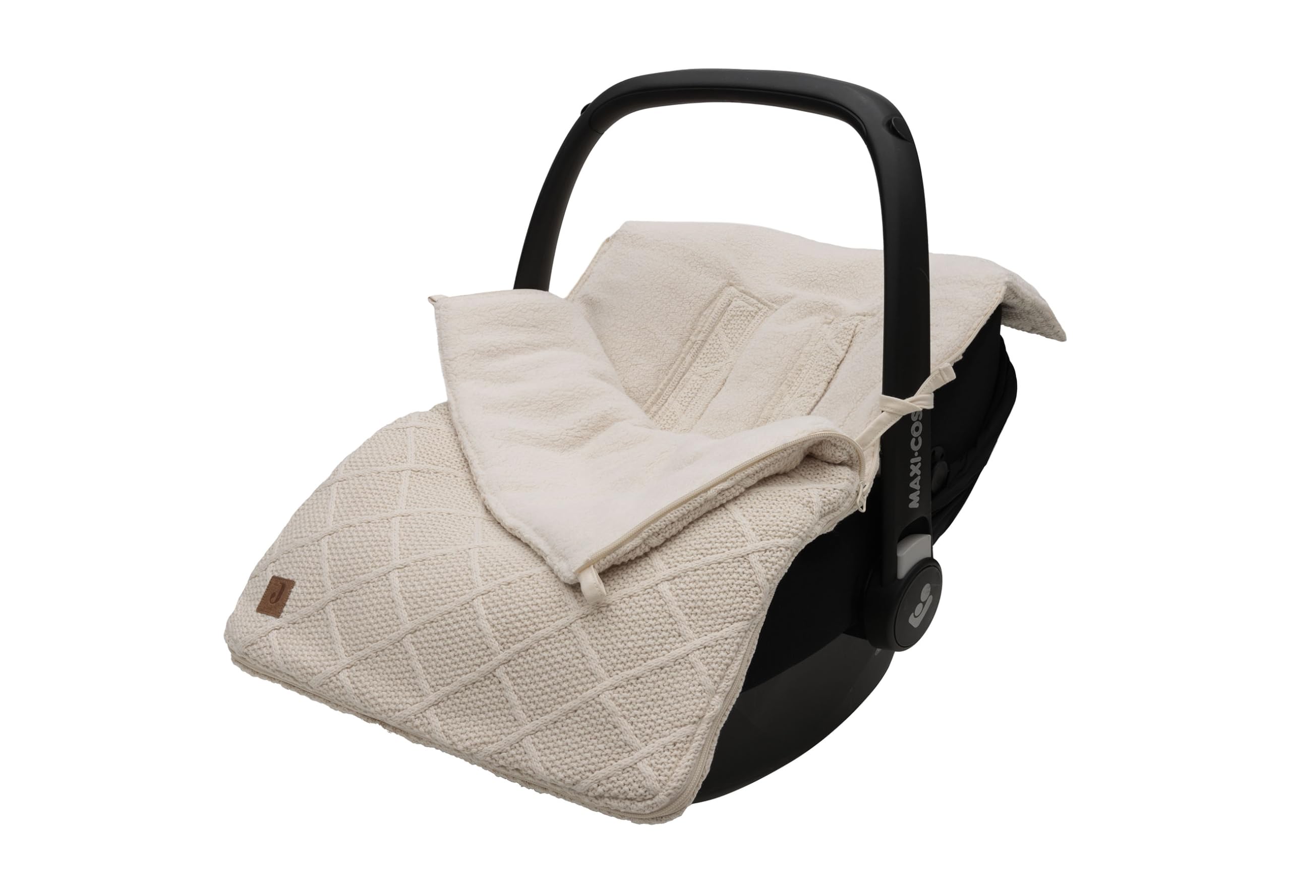 Jollein Fußsack Check Knit, Oatmeal - Für Babyschale Kinderautositz Gruppe 0+ und Kinderwagen - Für 3-Punkt- und 5-Punkt-Gurt - Strickmuster und Fleece Futter
