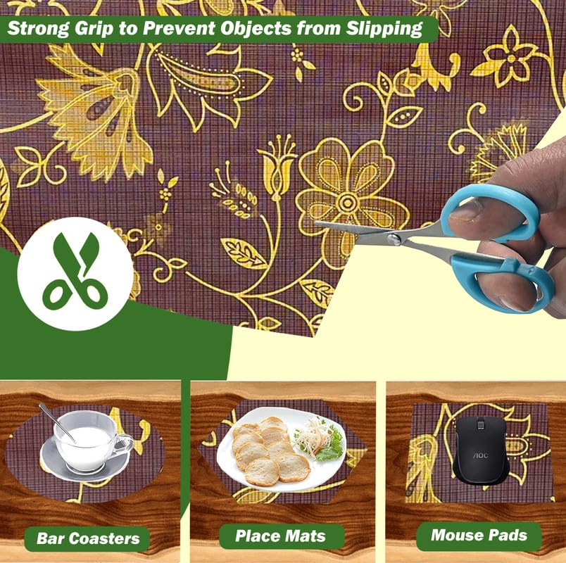 Image of Anti-Slip Kitchen Shelf Liner - 20 Meter Roll, Waterproof Multipurpose Mat for Fridge, Cabinet, Drawer, Trolley & Bathroom - Easy to Cut Floral Blue Print (Brown)