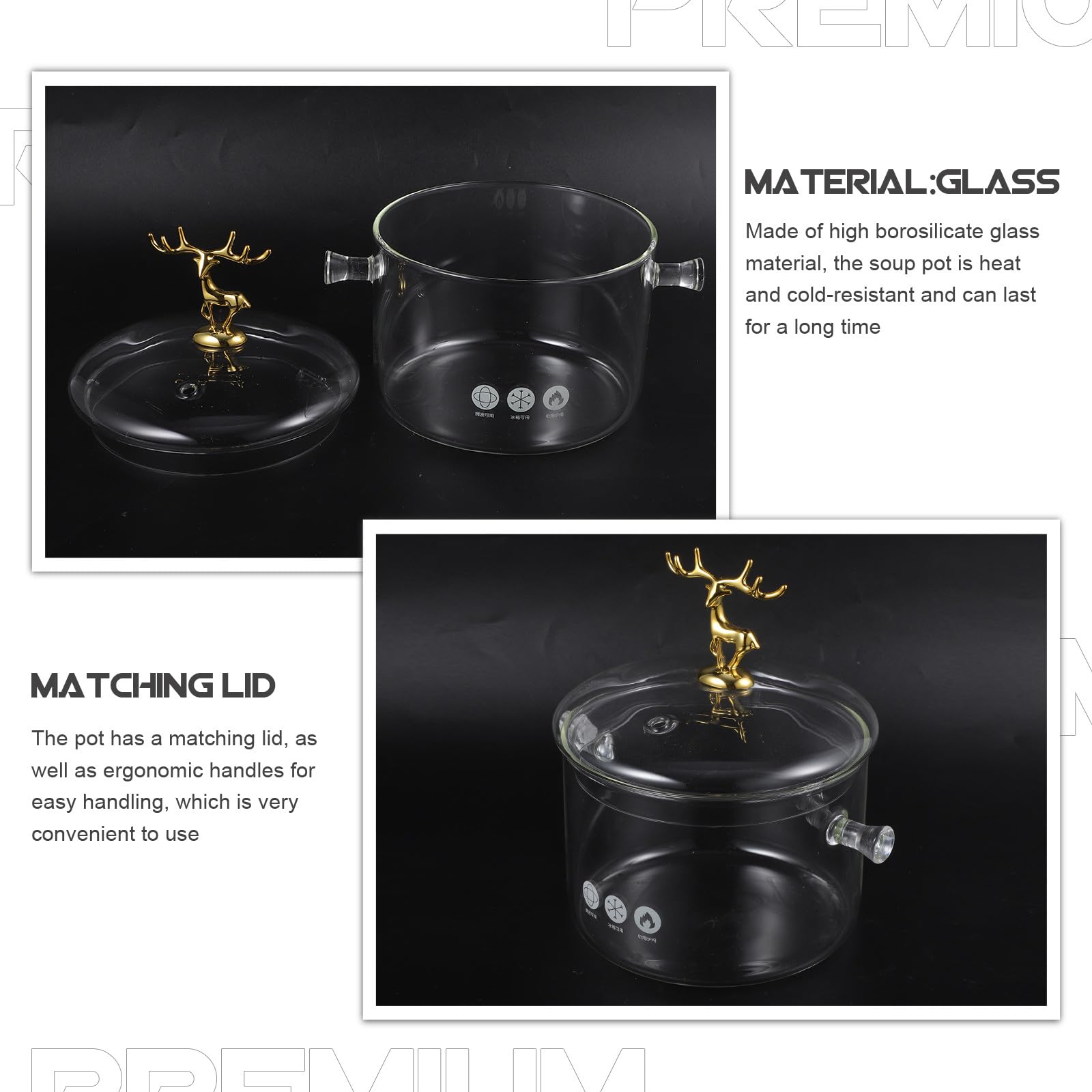 Glas Instantnudeltopf mit Deckel im Elch Design, Doppelgriffe | Borosilikatglas, Geeignet für Suppe und Speisen, Gleichmäßige Wärmeleitung, Ergonomische Handhabung