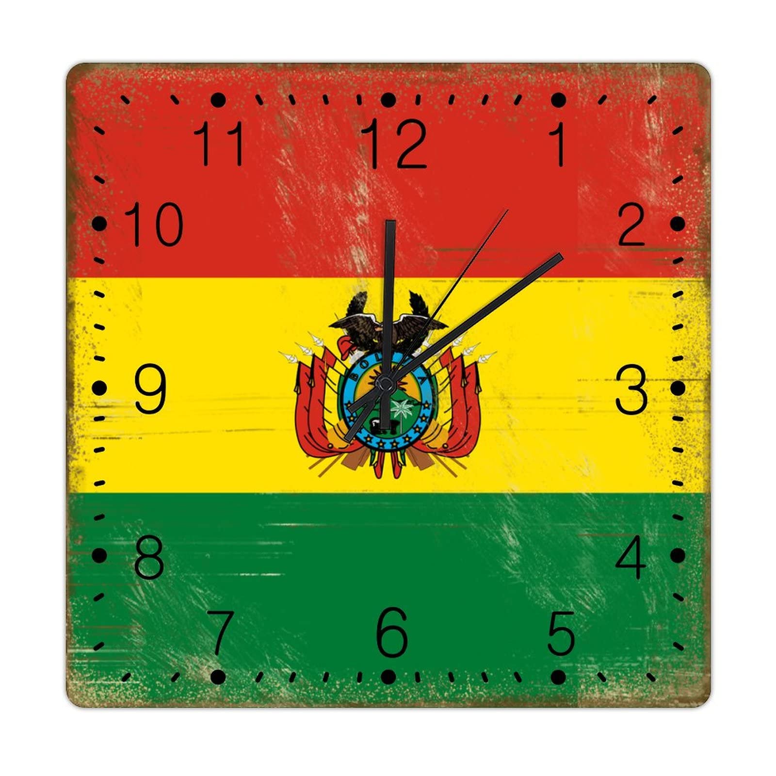 PODbyyou Bolivia Wall Clock Bolivia Flag Retro Rustic Style Wall Clocks National Flag Country Souvenir Clocks Silent Non Ticking Battery Operated Square Clock for Kitchen Bedroom Office 12inch