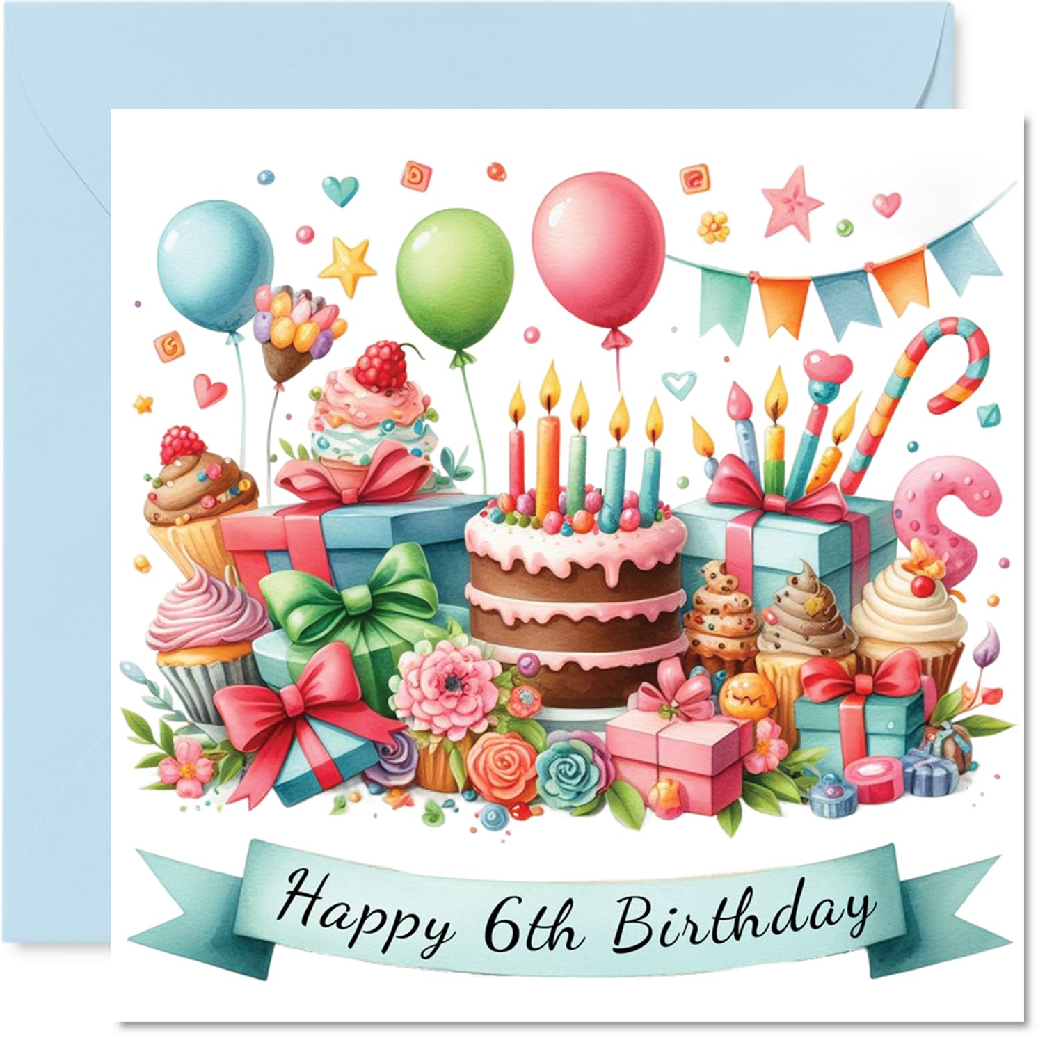 6th Birthday Cards for Girls and Boys, Cake and Presents