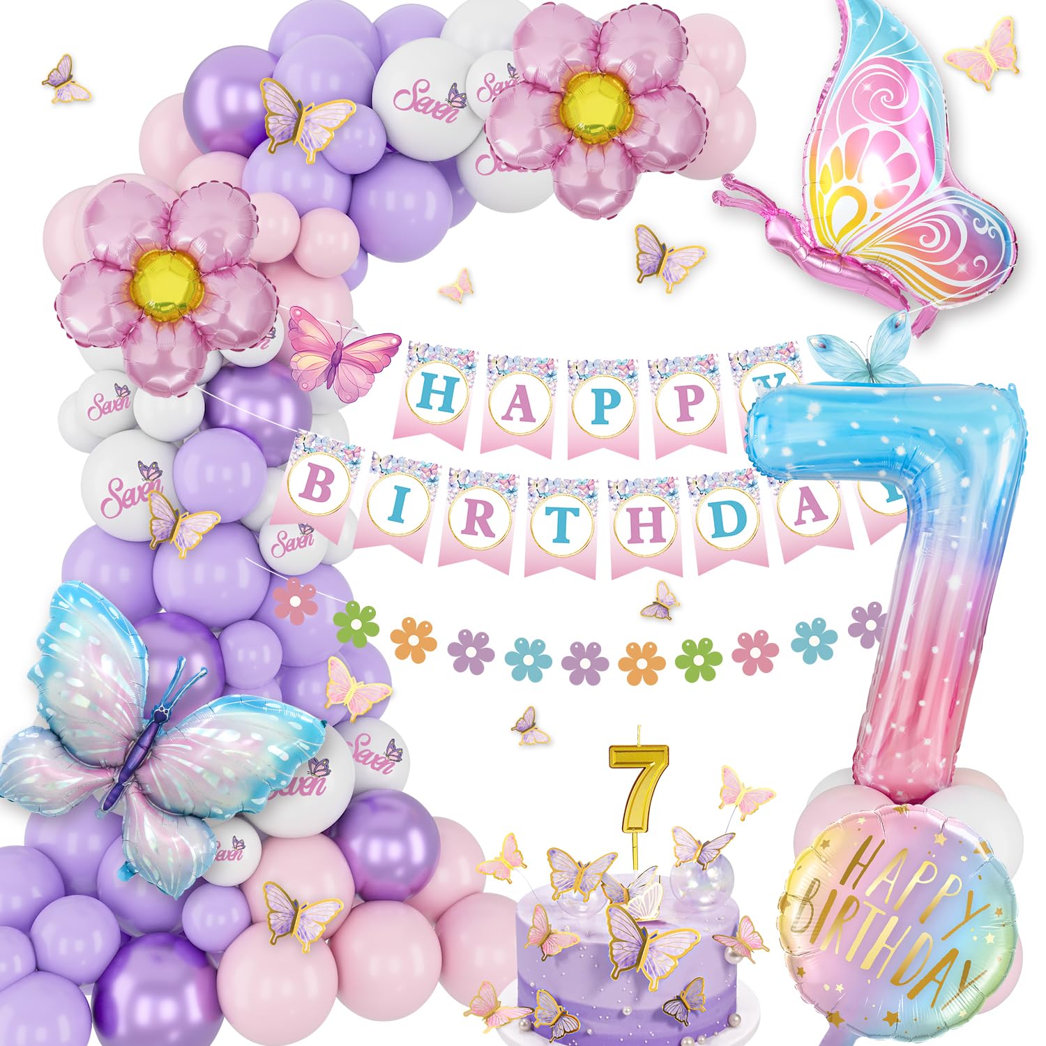 7th Birthday Decorations, Pink Purple Birthday Balloons, Butterfly Birthday Party Decorations, Set With Butterfly Foil Balloons, Butterfly Design Banner, Butterfly Sticker
