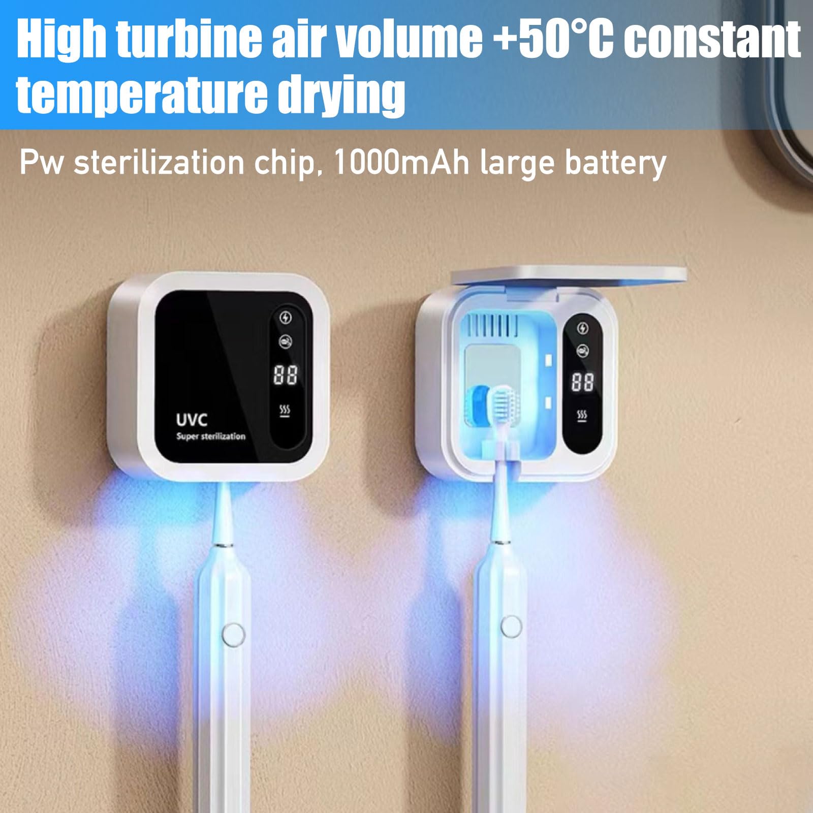 Spazzolino disinfettante, spazzolino da denti UV, disinfettante, portaspazzolino portatile con funzioni temporali e schermo LED, 1000 mAh ricaricabile a parete senza fili montato a parete