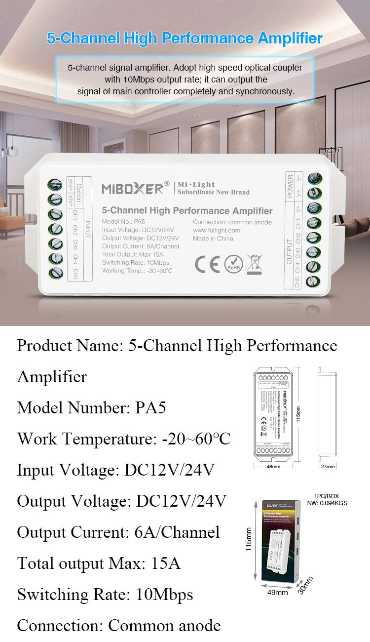 LGIDTECH PA5 Miboxer 5-Channel High Performance Amplifier DC 12-24V for RGB+CCT SMD 5050 3528 2835 Flexible 6 Wires LED Strip Ribbon Light