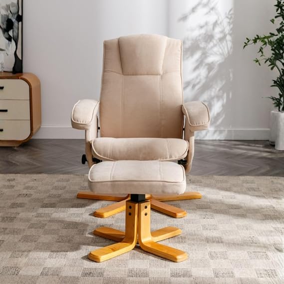 EVRE Reclining Armchair and Footstool Set, Cream, Contemporary L-Shape Design, Manual Swivel Base, Indoor Chair with Foam Padding