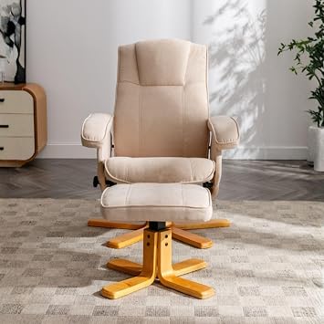 EVRE Reclining Armchair and Footstool Set, Cream, Contemporary L-Shape Design, Manual Swivel Base, Indoor Chair with Foam Padding