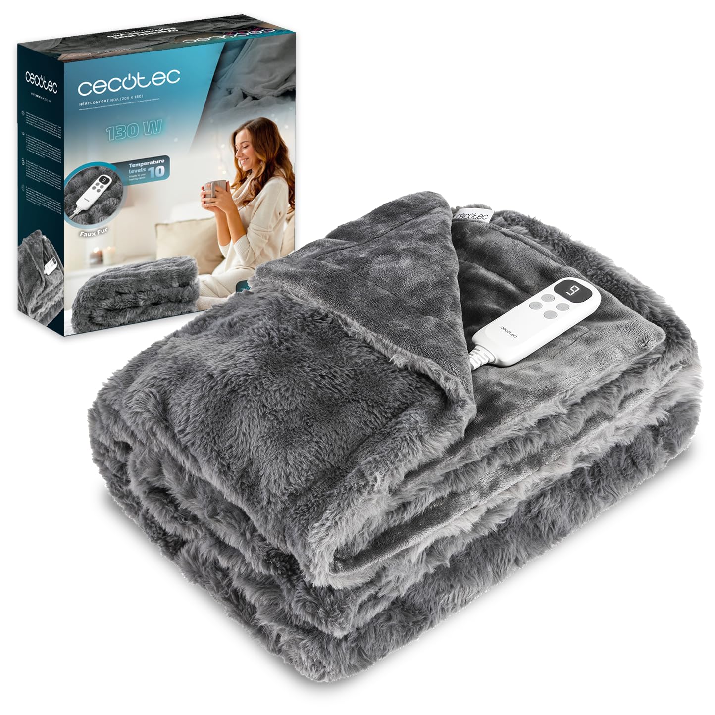 Cecotec Electric Blanket 200 x 180 cm HeatComfort Noa (200 x 180). 130W, 10 Adjustable Temperature Levels, Removable LCD Controller, Timer with Auto Shut-Off, PTC+ NTC Technology
