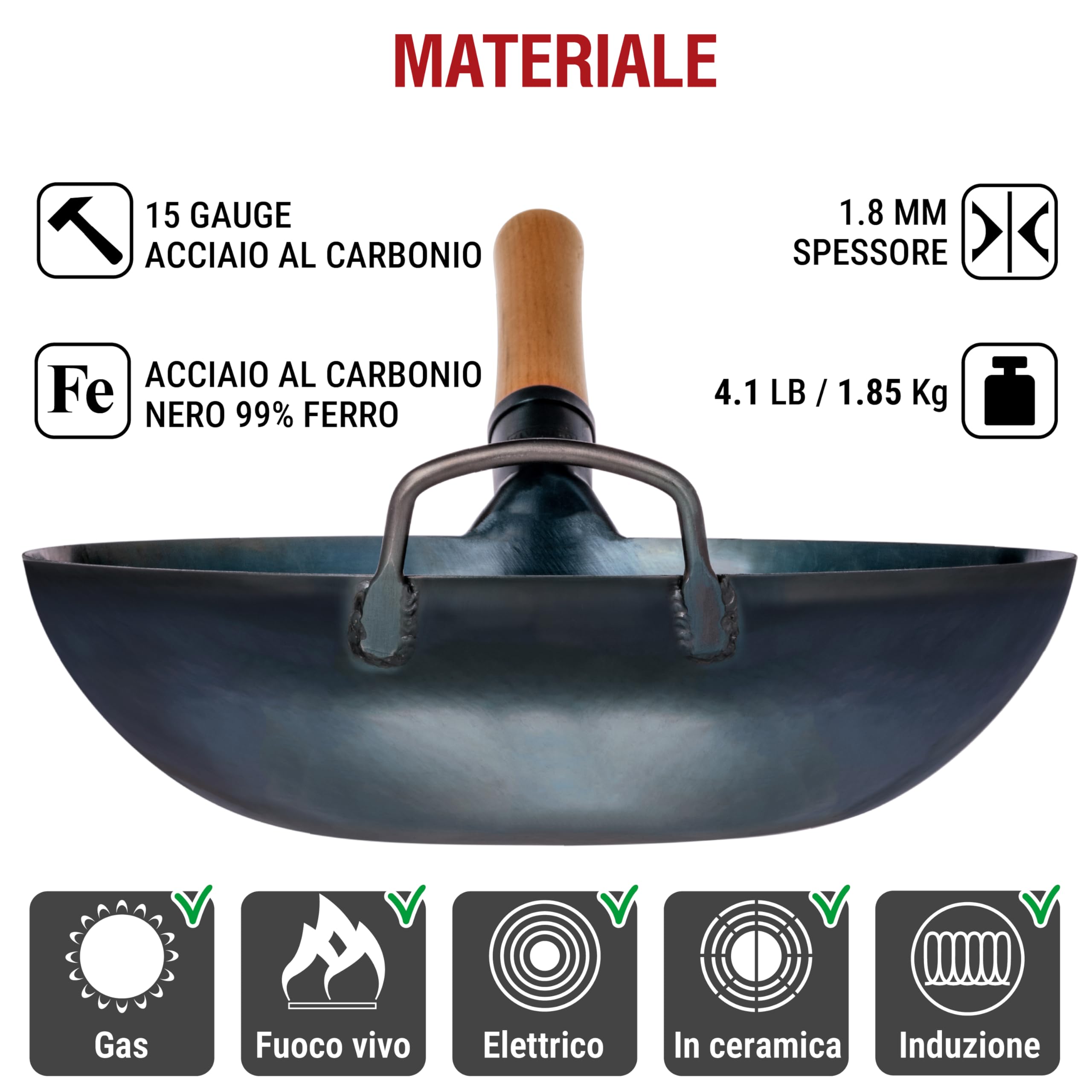YOSUKATA Wok Padella Professionale 34 cm - Tradizionale Wok Acciaio al Carbonio Blu Fondo Piatto Precondizionato - Cinese Originale Padella - Adatto a Gas Induzione Elettrico Сeramica e Fuoco Aperto