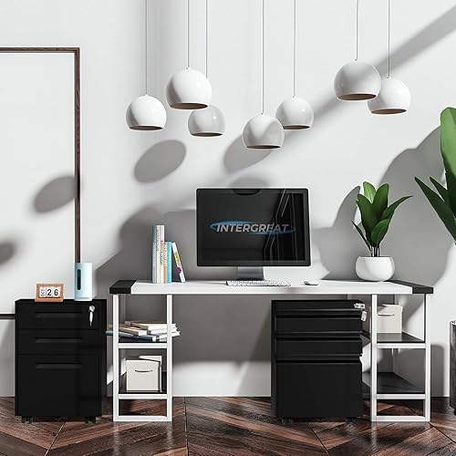 Miniatura 2 de INTERGREAT Archivador móvil con ruedas, archivador móvil de metal de 3 cajones con cerradura, archivador vertical negro debajo del escritorio con