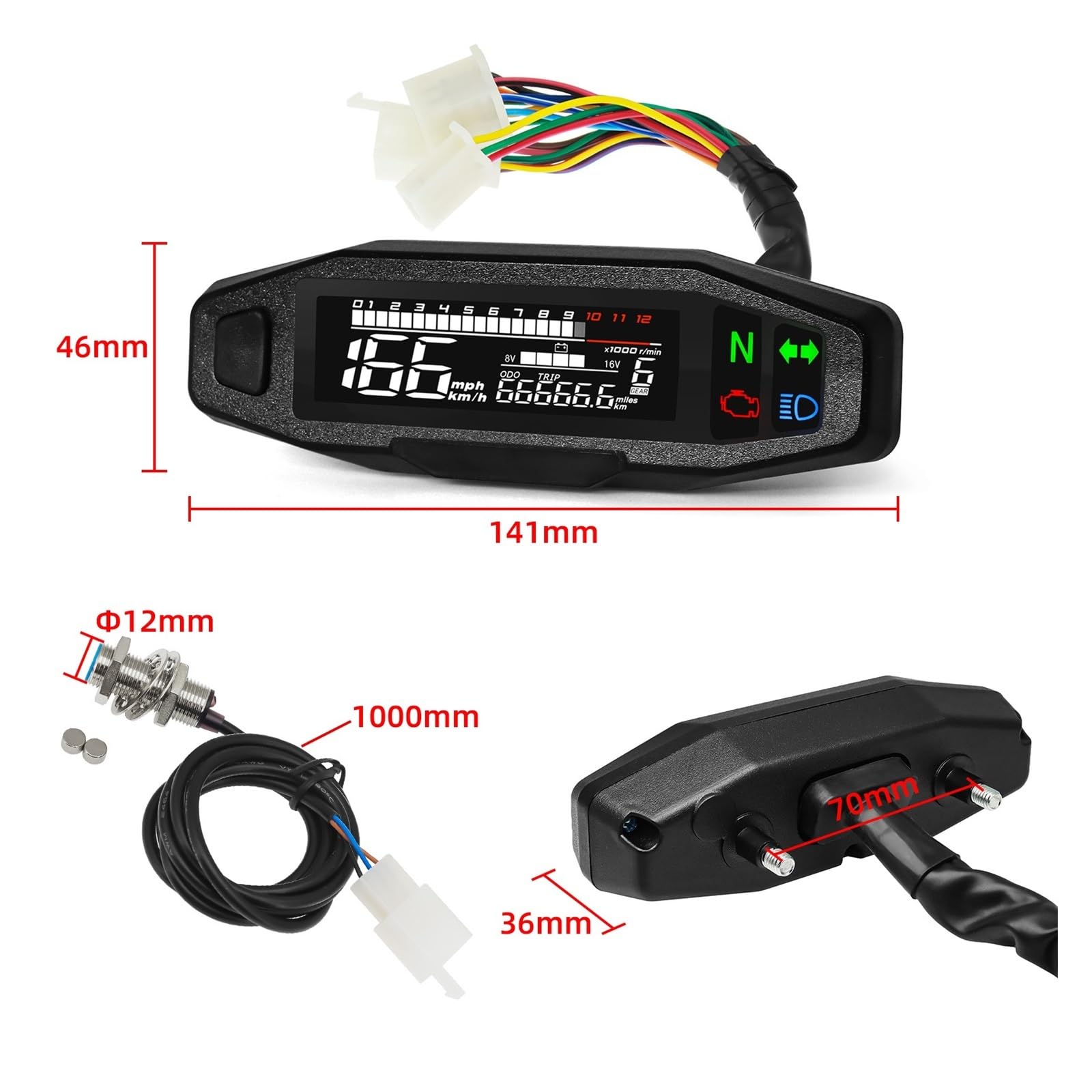 Moto Compteur Kilométrique Compte-Tours Moto Universel LED Tableau de Bord numérique km/h mph odomètre Compteur Moteur jauge capteur avec Support Y/Z/W