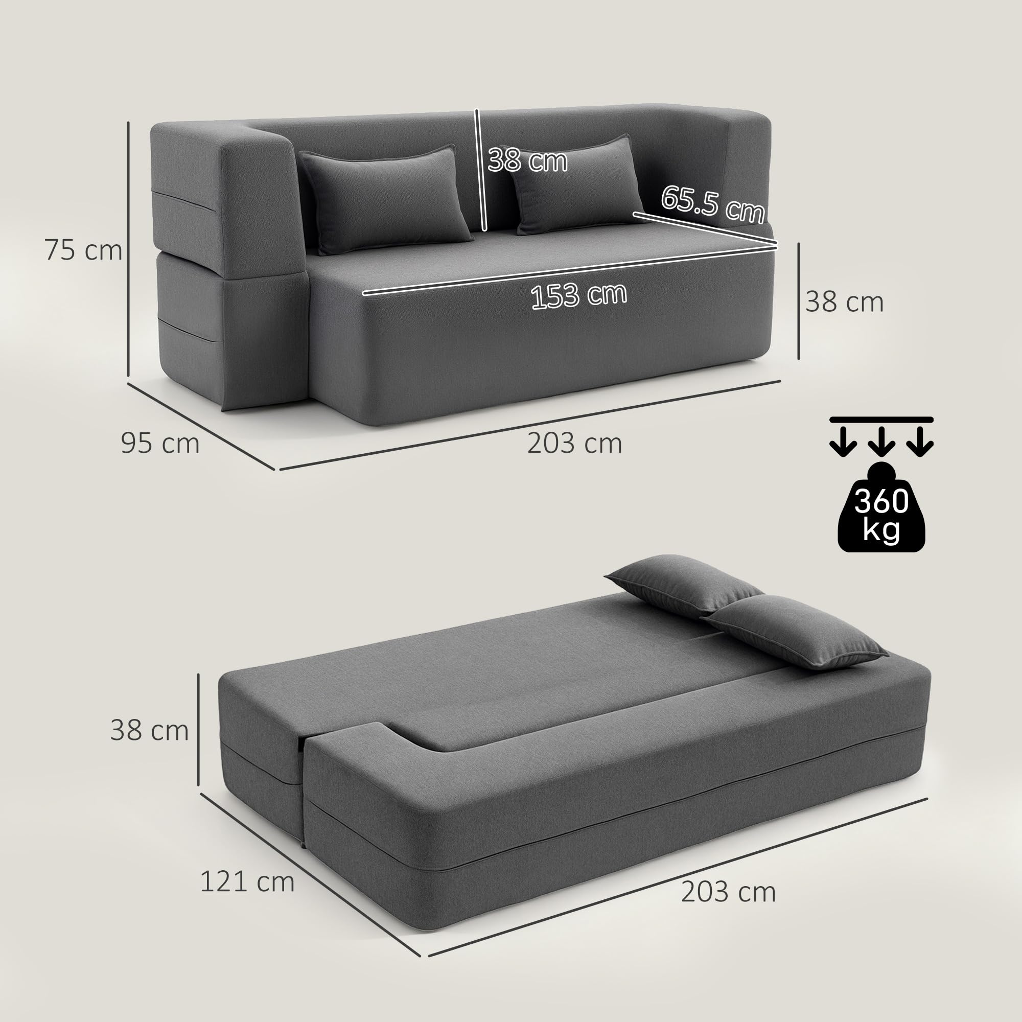 HOMCOM Canapé Convertible 2 Places Canapé-Lit Chenille 203 cm 360kg Gris | Assise et Accoudoirs Larges, 2 Coussins, Entièrement Compressé, pour Salon, Petit Espace, Aucun Assemblage Requis