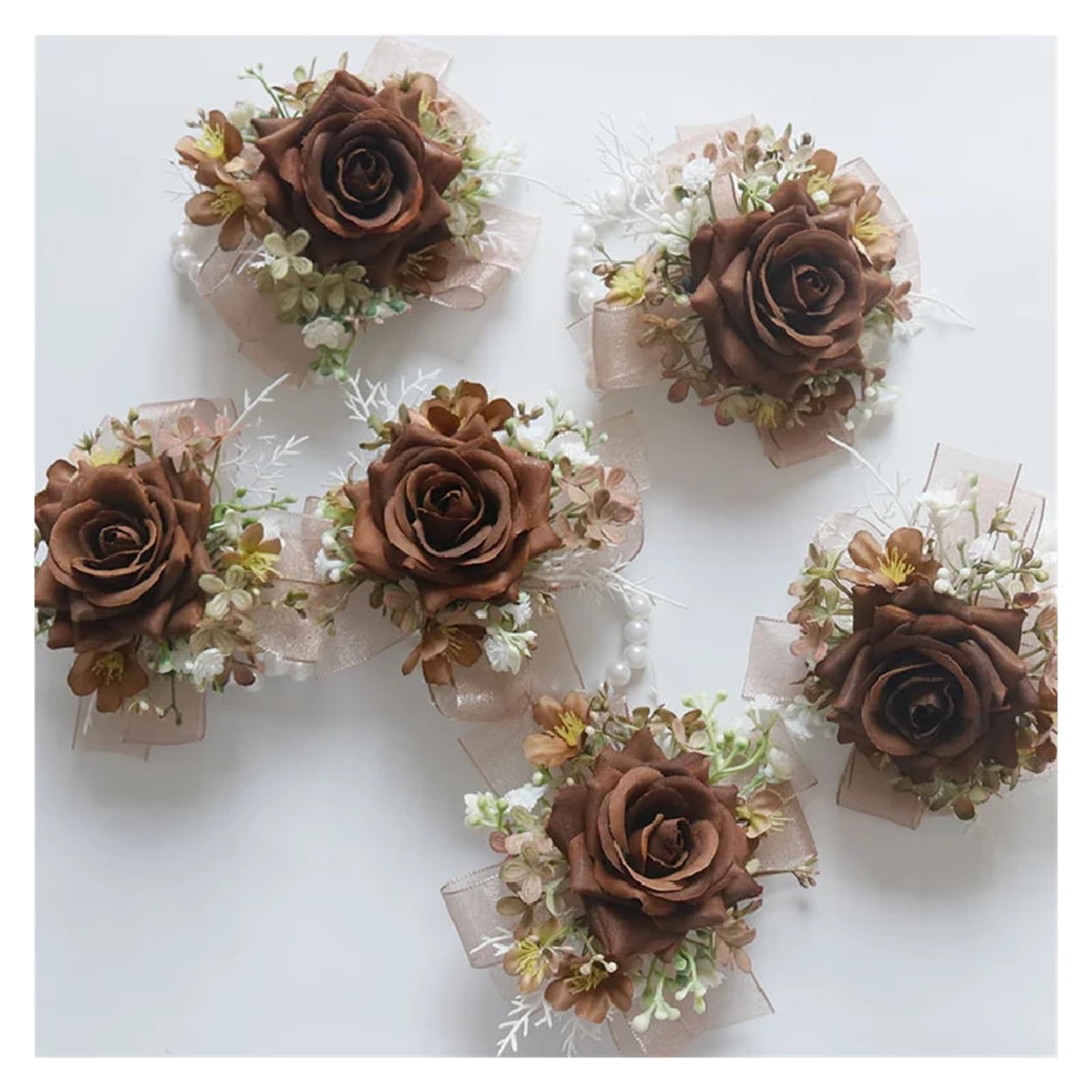 Künstliche Boho-Blume, Hochzeits-Ansteckblumen, 4 Stück, Hochzeitsblumenstrauß, künstliche Blumen, Geschäftsfeier, Eröffnung, Gast-Ansteckblumen, Ansteckblumen, Braun (Korsage)