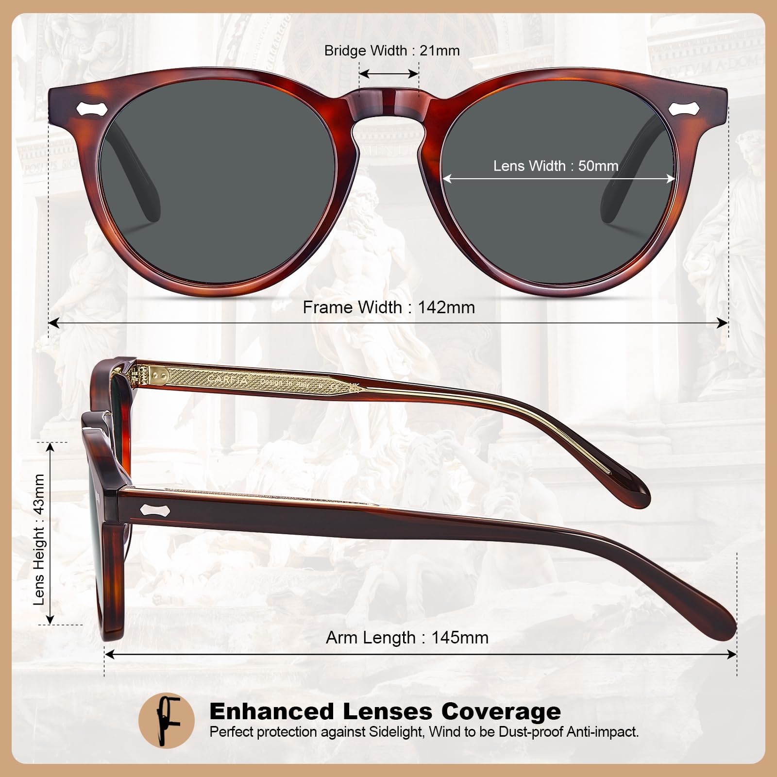 CARFIA Męskie okulary przeciwsłoneczne z polaryzacją, okrągły wzór z octanu w stylu vintage, ochrona UV400 kat. 3, okulary przeciwsłoneczne do jazdy i podróży CA5506
