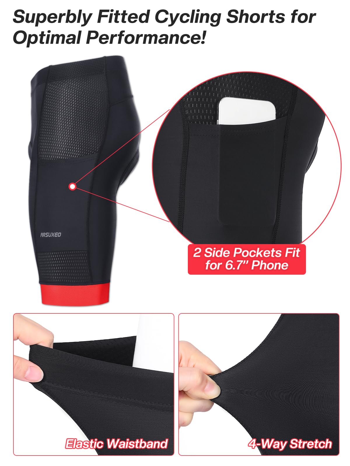 ARSUXEO Cuissard de Cyclisme rembourré pour Hommes 4D Padding MTB Shorts Cycling Shorts for Men with Phone Pockets Cycle Underhorts 582
