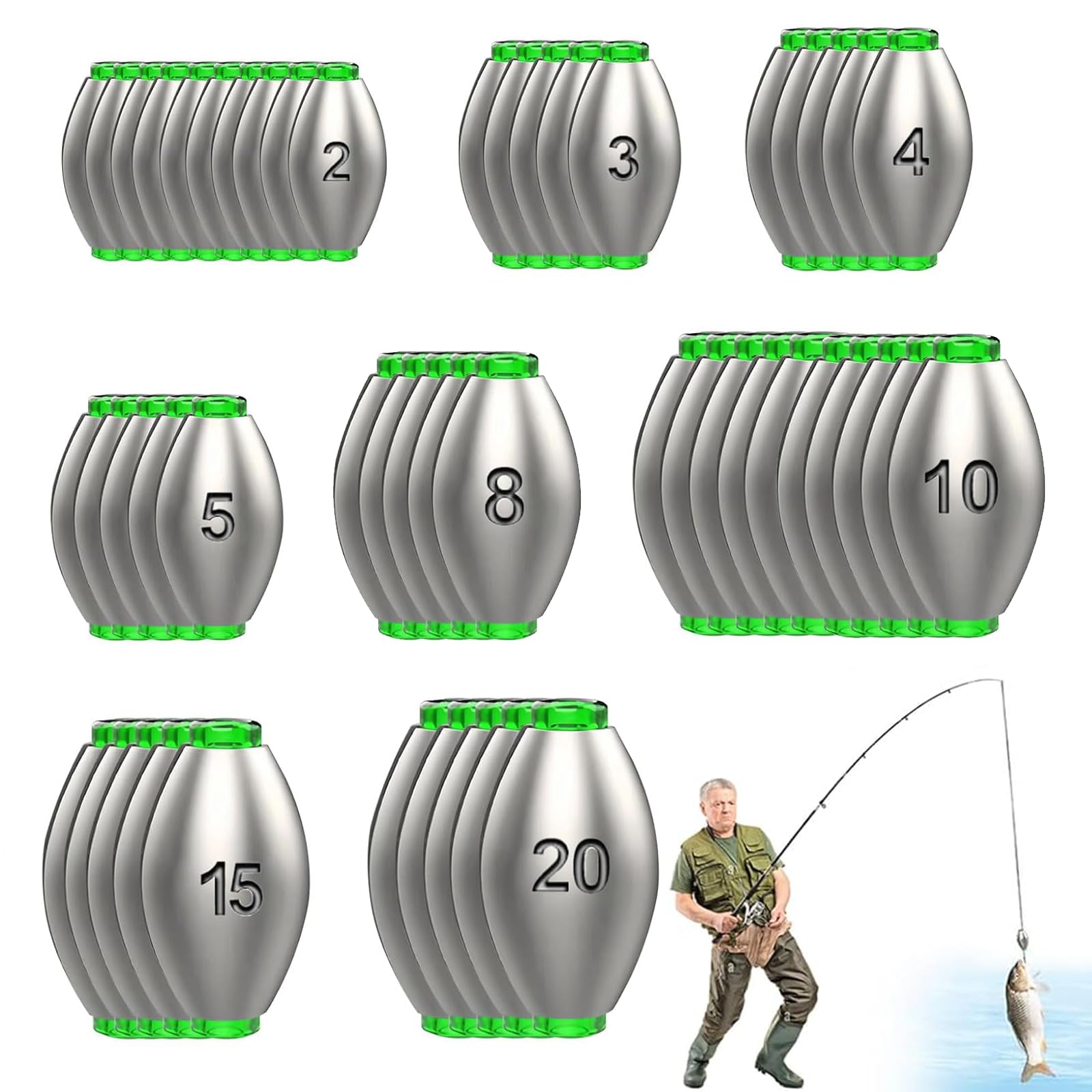 50 Pièces Plomo de Pesca, 2g 3g 4g 5g 8g 10g 15g 20g, 8 Tailles, Amovible, Reutilizable, Ovalada, Pesca Drop Shot de Plomo para la Pesca de Agua Dulce y Salada