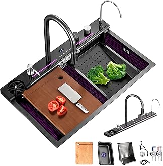 Kitchen Sink Digital Display Embossed Large Single Groove Stainless Steel Smart Workstation Kitchen Sink with Pressurized Cup Washer and Two Waterfalls (New JY, 75×45×22CM)