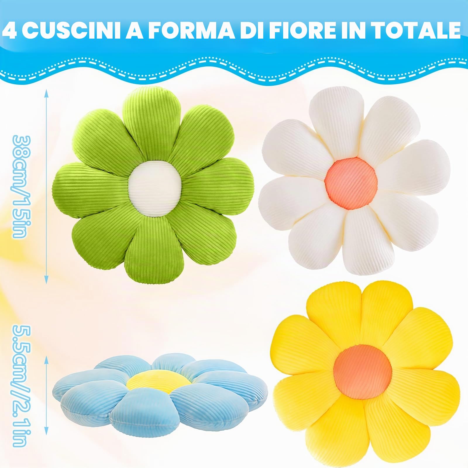 4 cuscini a forma di fiore per pavimento, graziosi cuscini da seduta per letto, cuscini decorativi a forma di fiore, per auto, casa, divano, sedia e pavimento (blu, bianco, giallo, verde)