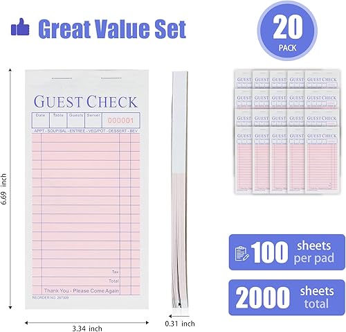 Miniatura 2 de 20 libros de cheques de invitados para camarera de restaurantes, blocs de notas de servidor, total de 2000 hojas de pedidos de suministros de