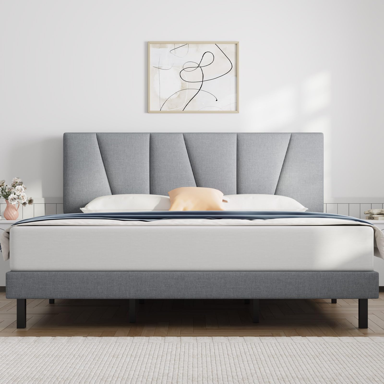 Molblly King Bed Frame Upholstered Platform with Headboard and Strong Wooden Slats, Strong Weight Capacity, Non-Slip and Noise-Free,No Box Spring Needed, Easy Assembly,Grey