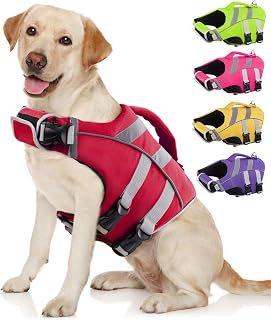 Kuoser Dog Life Jacket with Reflective Stripes - Adjustable High Visibility Ripstop Vest, High Flotation Lifesaver for Swimming & Boating XS-XXL