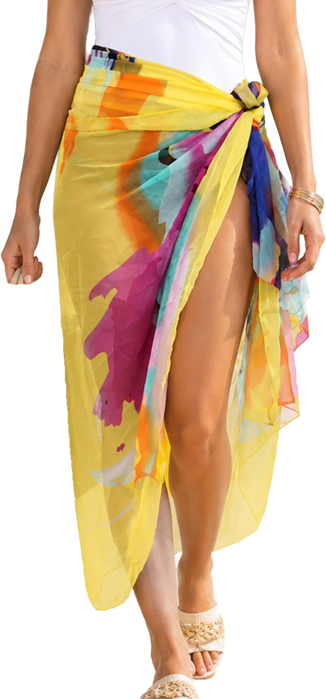MissShorthair Women Beach Sarong Chiffon Swimsuit Cover Ups, High Slit Vacation Pareos Swimwear Bikini Wrap Bathing Suit