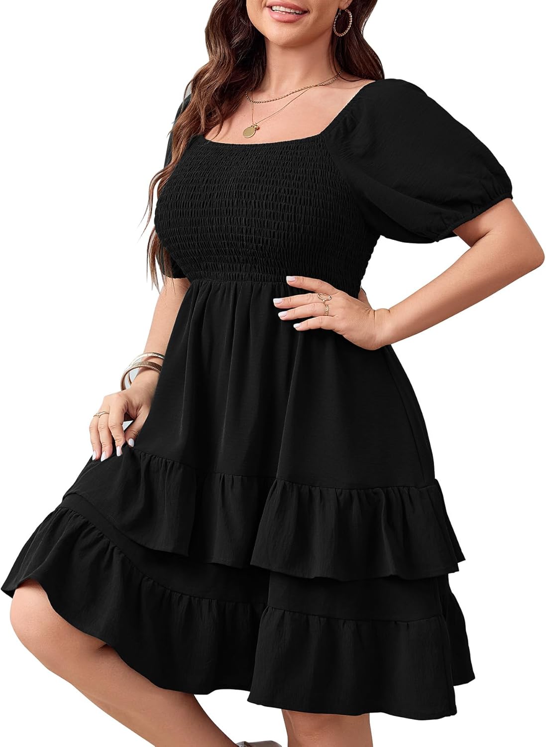 SHESTARR Womens Plus Size Summer Dresses Tiered Square Neck Short Sleeve Smocked A Line Ruffle Layered Swing Short Mini Dress