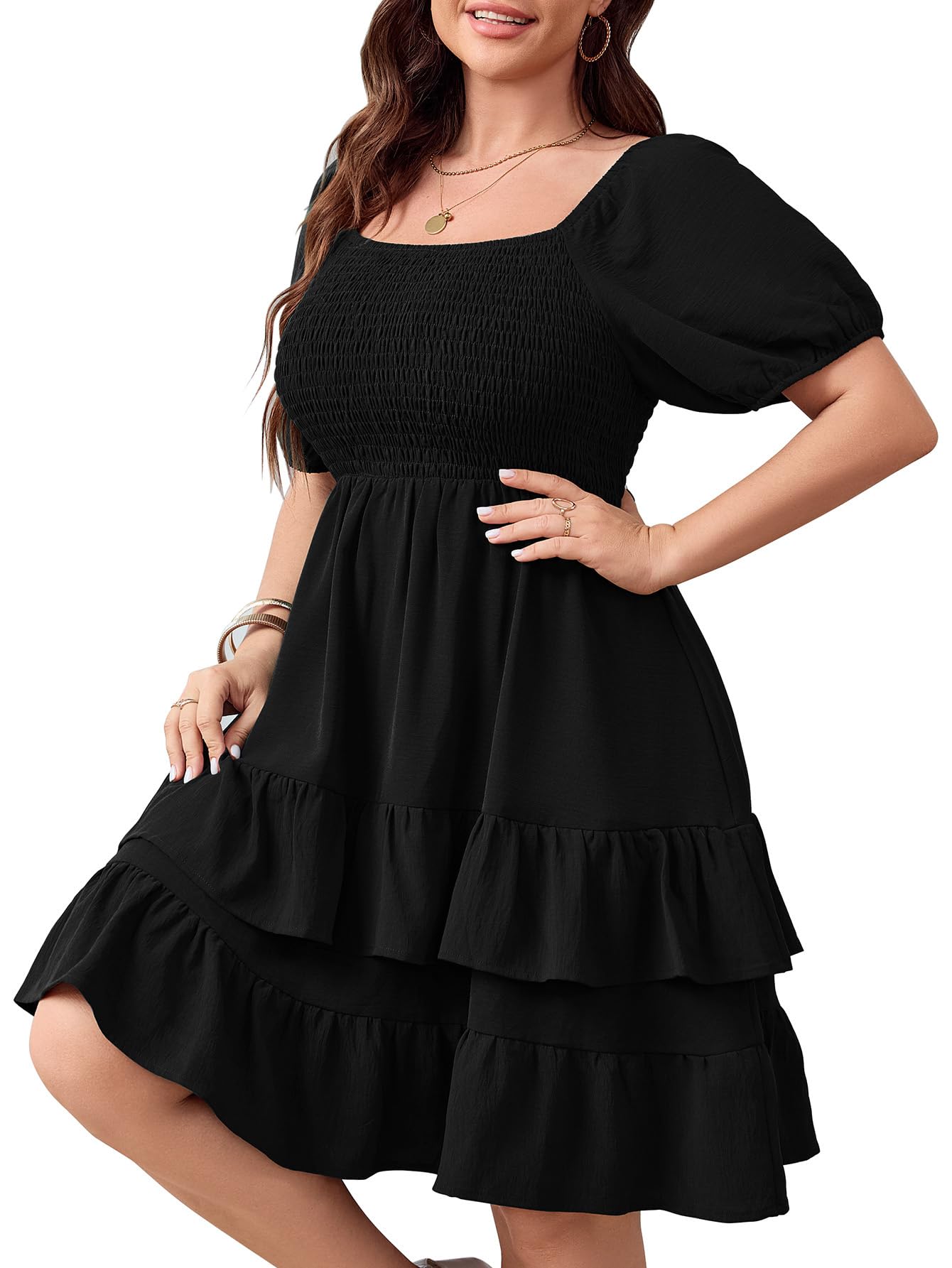Photo 1 of ***RUNS SMALL*** SHESTARR Womens Plus Size Summer Dresses Tiered Square Neck Short Sleeve Smocked A Line Ruffle Layered Swing Short Mini Dress Black