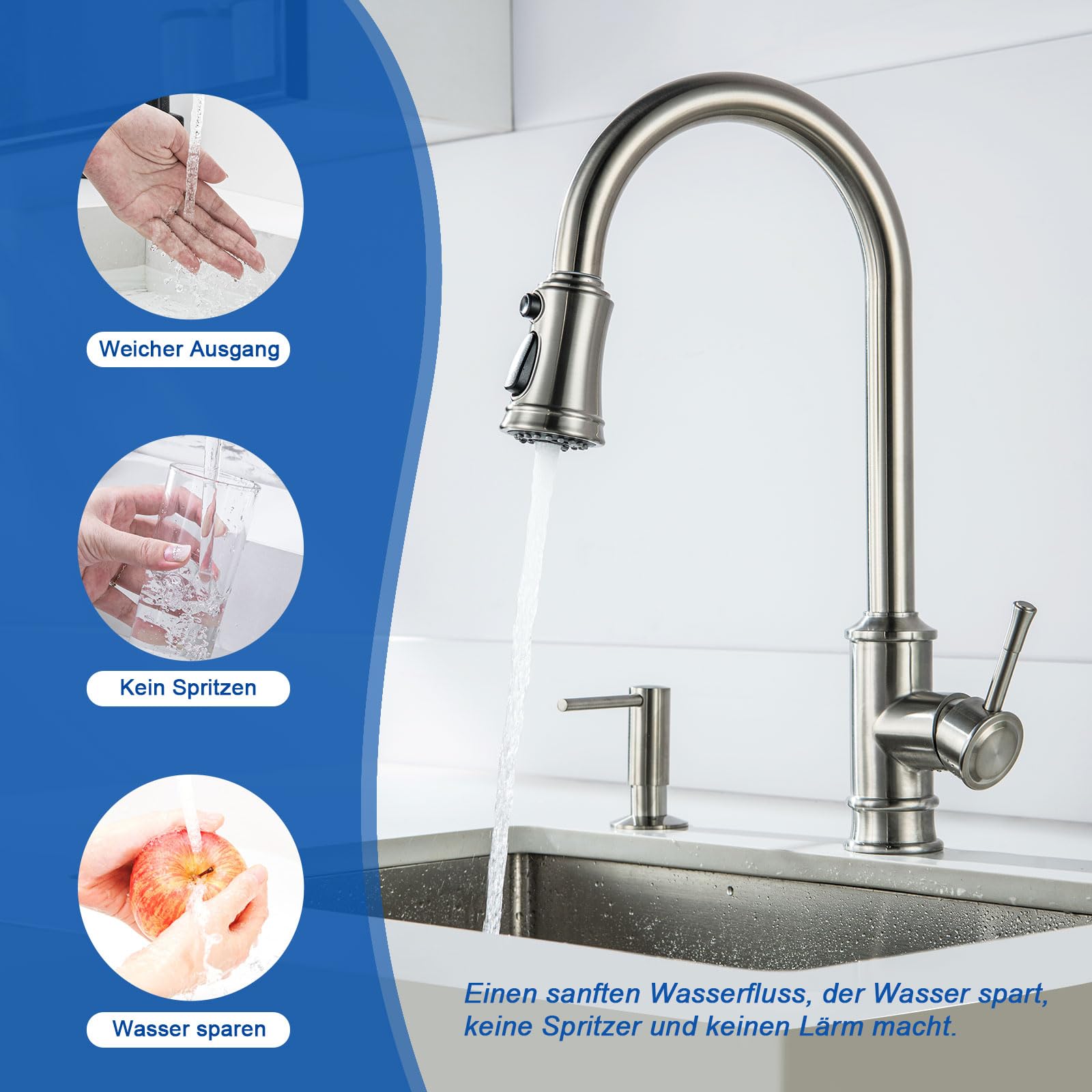 Wasserhahn Küche Vintage Brause Ausziehbar, Küchenarmatur mit 3 Strahlarten | Wasserhahn Armatur Küche LakeBayMZC Spültischarmatur 360° Drehung, 304 Edelstahl Gebürstet für Modernen Küchen Bad und Bar