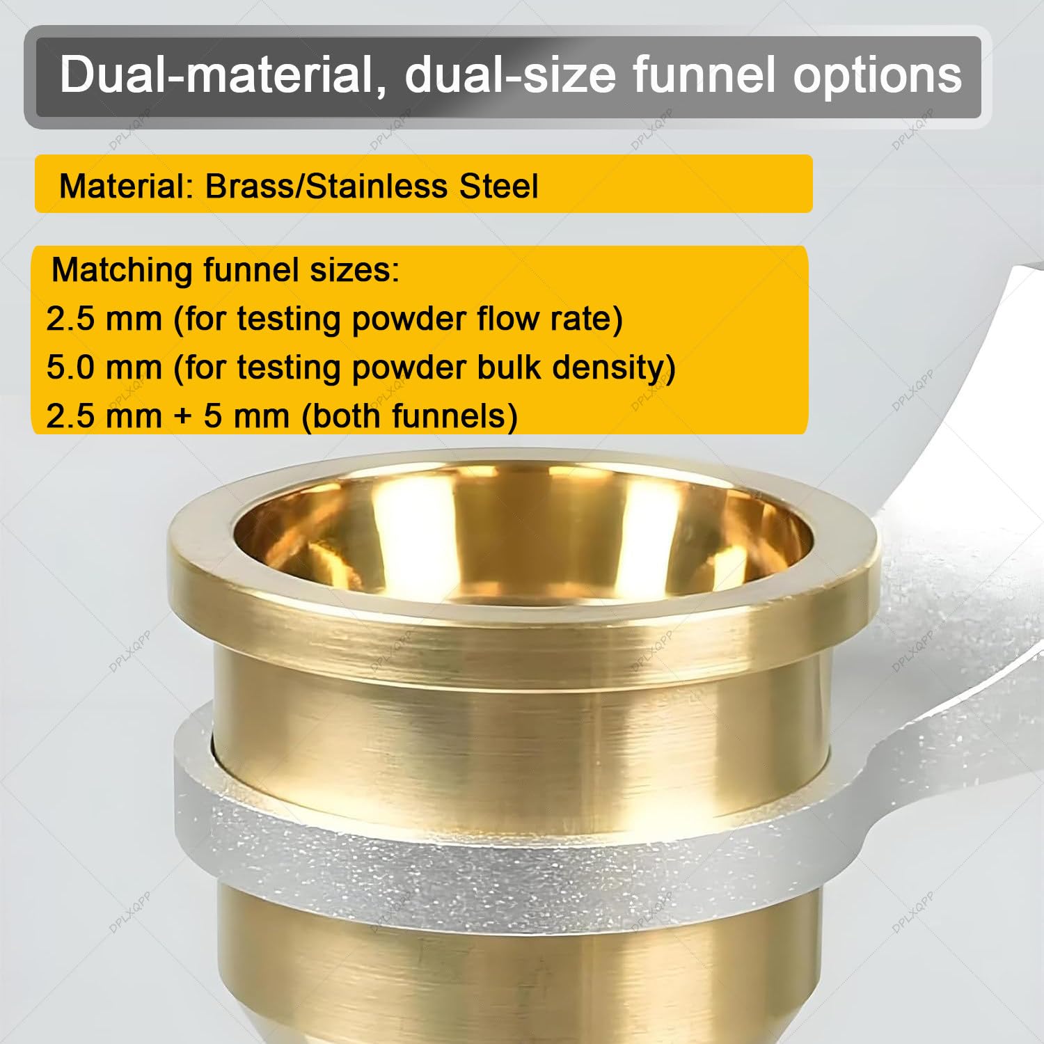 Höhenverstellbarer Metallpulver-Durchflussmesser,Hall-Effekt-Durchflussmesser Und Schüttdichtemessgerät Set Inklusive Stoppuhr,Bürste, Trichter (2,5mm/5mm) Brass-5mm