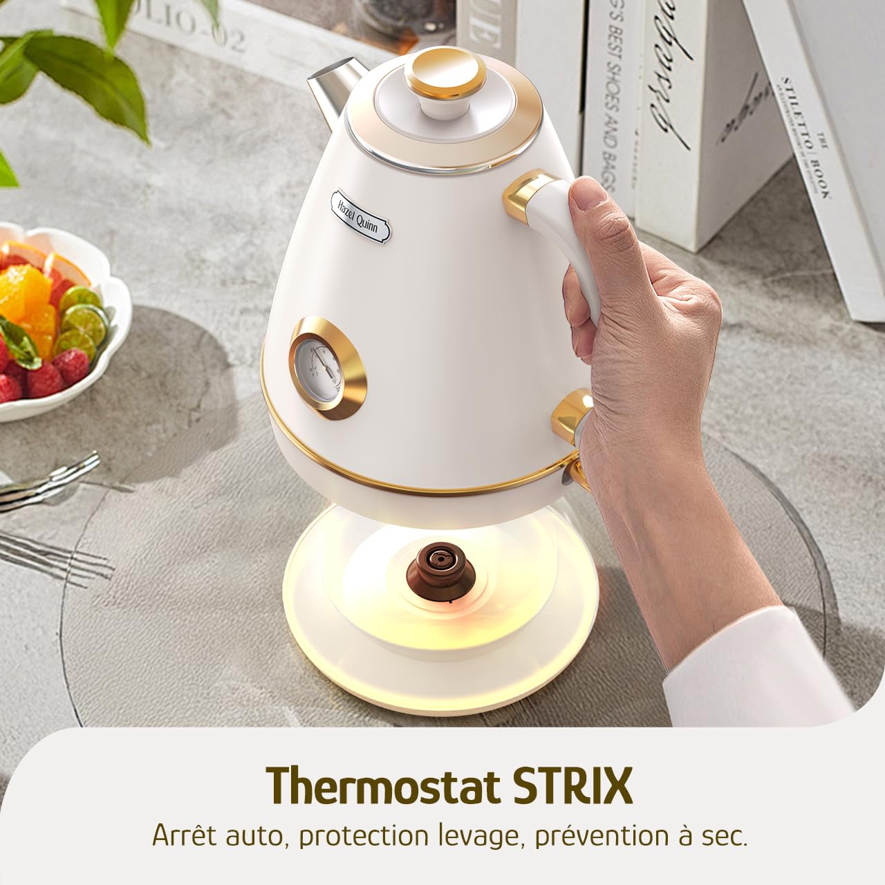 Hazel Quinn Bouilloire Électrique Rétro avec Thermomètre, Entièrement en Acier Inoxydable sans Plastique, Bouilloire Sans Fil, Arrêt Automatique, 2200 W, 1,7 L, Sans BPA, Vintage Design, Blanc Perle