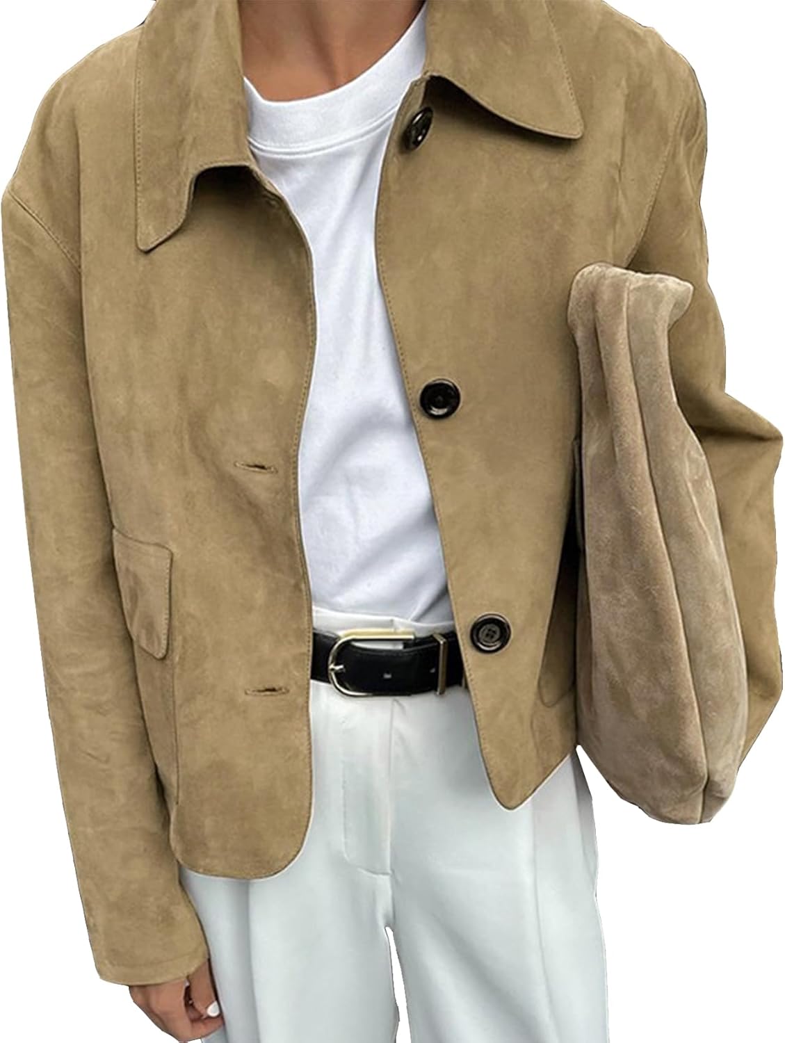 Womens Cropped Faux Suede Jacket Button Down Long Sleeve Suede Leather Jacket Coat with Pockets