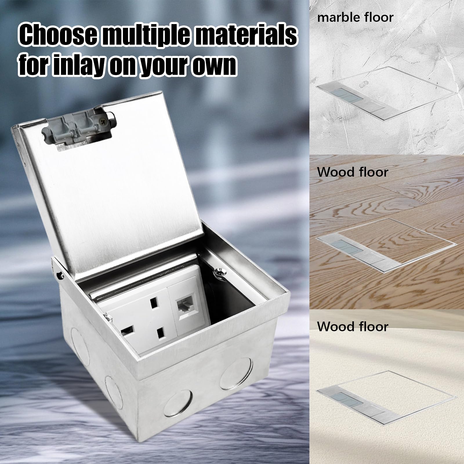 AC250V Embedded Socket Box, Stainless Steel Hidden 3 Holes Floor Outlet with Computer Network Cable Jack - Image 3